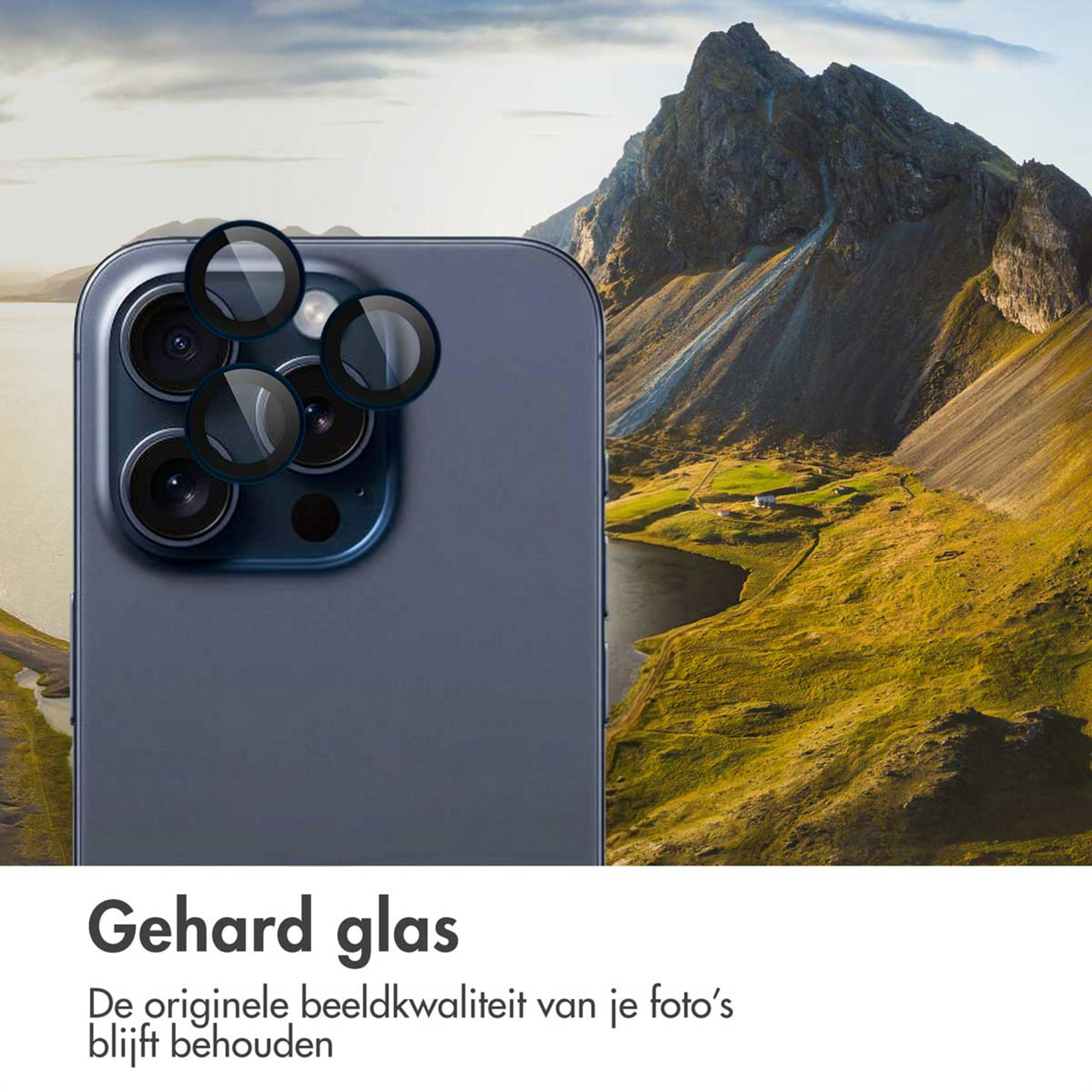 Appareil photo de smartphone avec verre de protection devant paysage montagneux et lac.