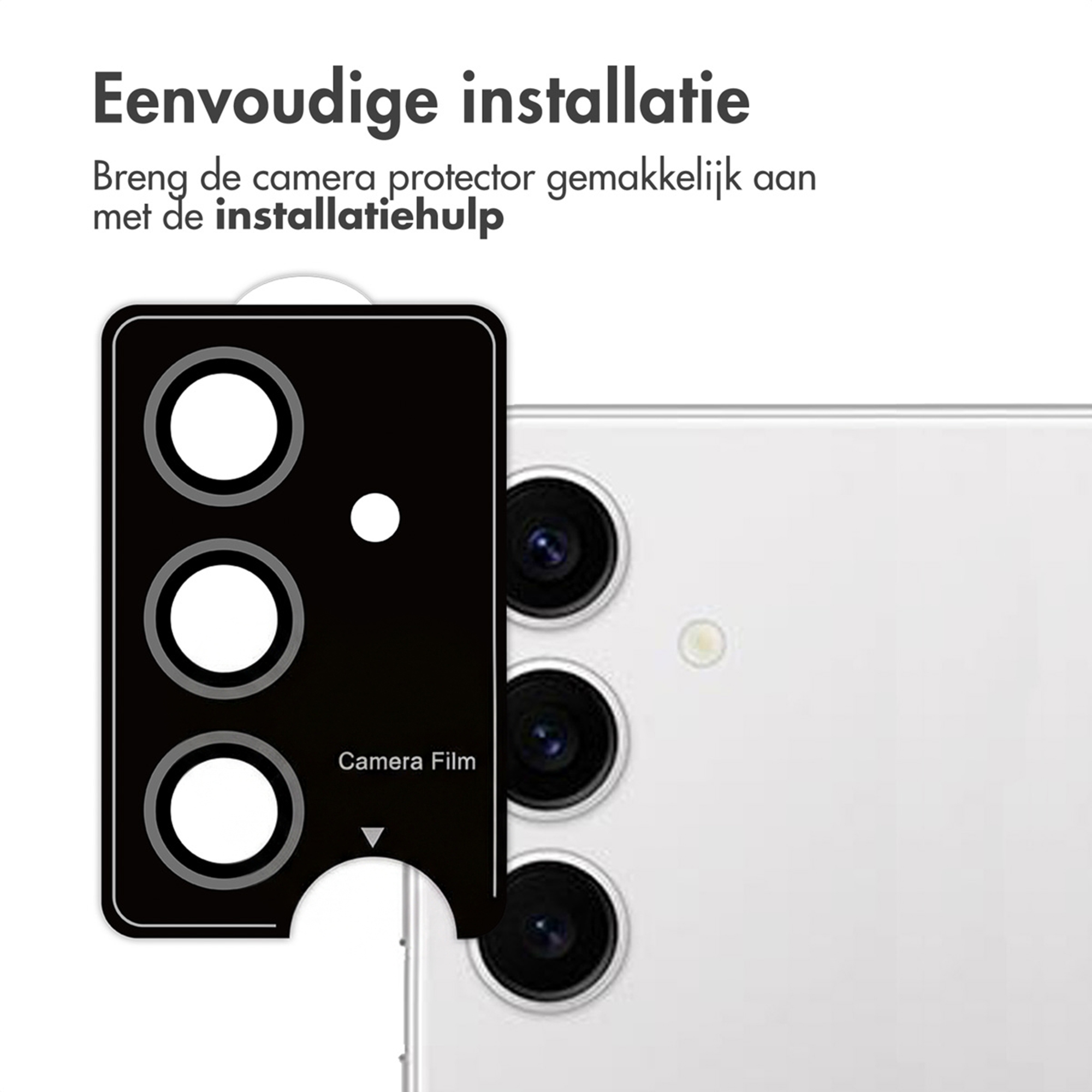 Zwarte camerafilmbeschermer met drie cirkels naast een witte smartphone.