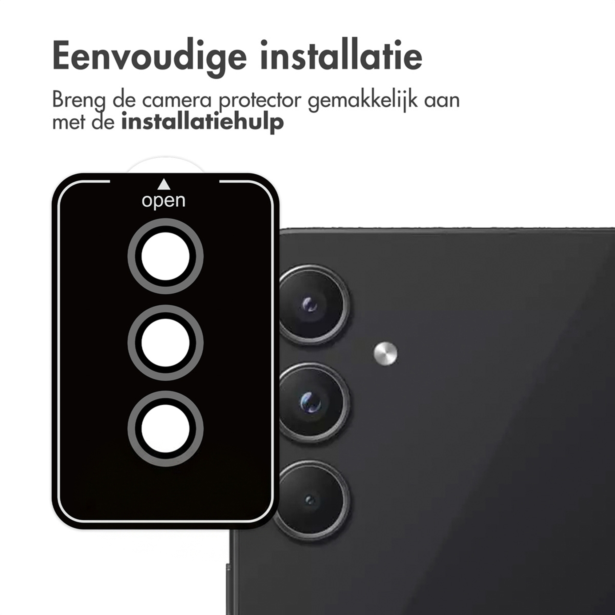 Un protecteur de caméra noir avec trois cercles et du texte à côté d'un smartphone.