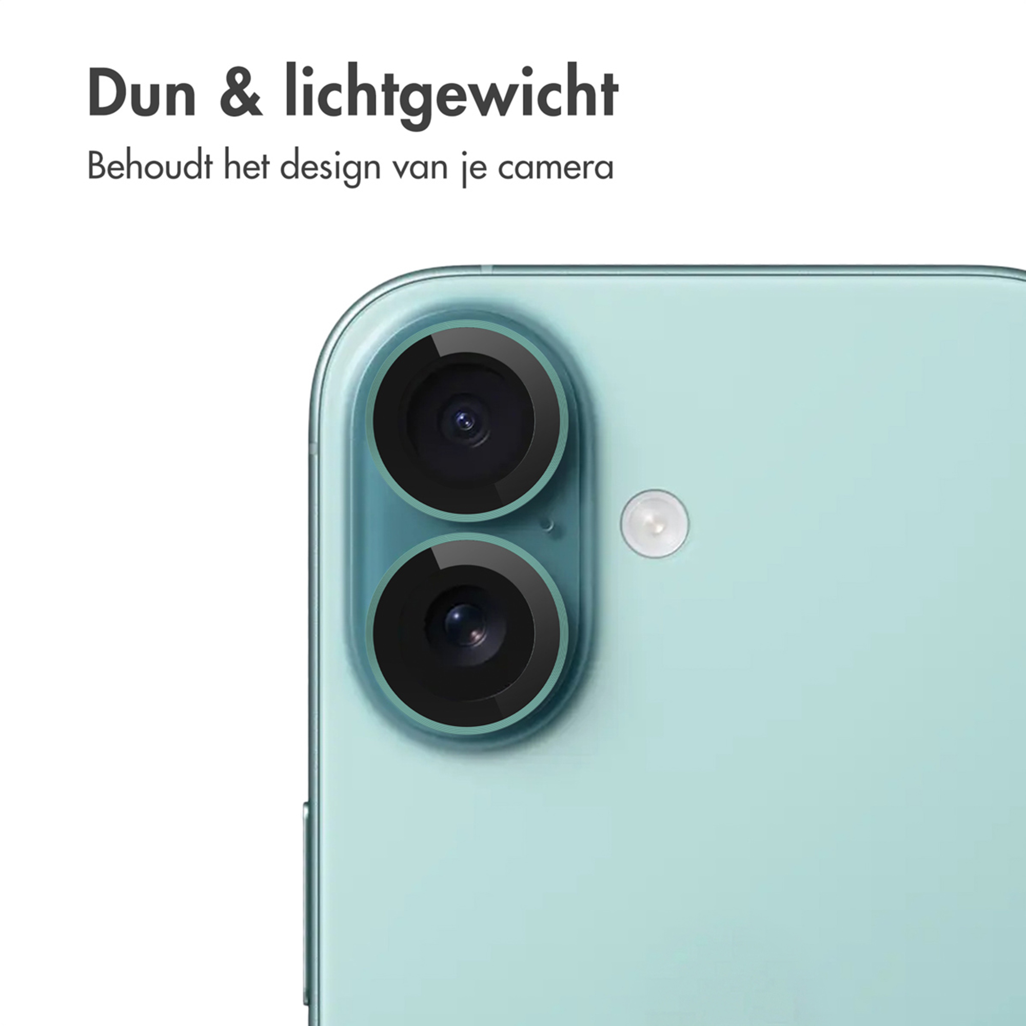 Achterkant van een teal smartphone met twee cameralenzen en flitser.