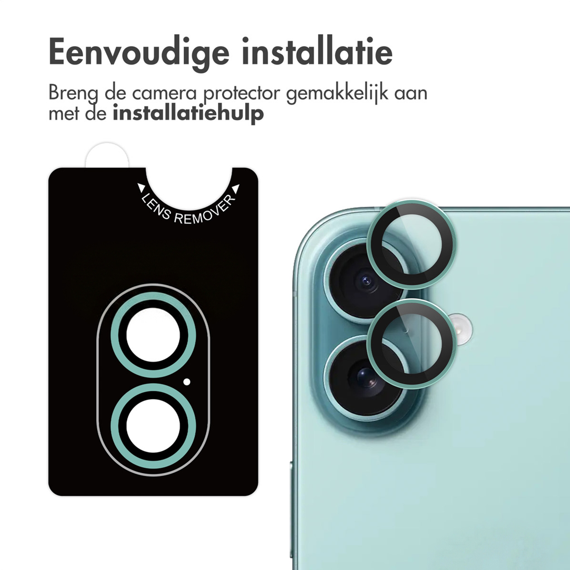 Zwarte inleg toont lenscover & tool. Daarnaast een telefoon met camera's.