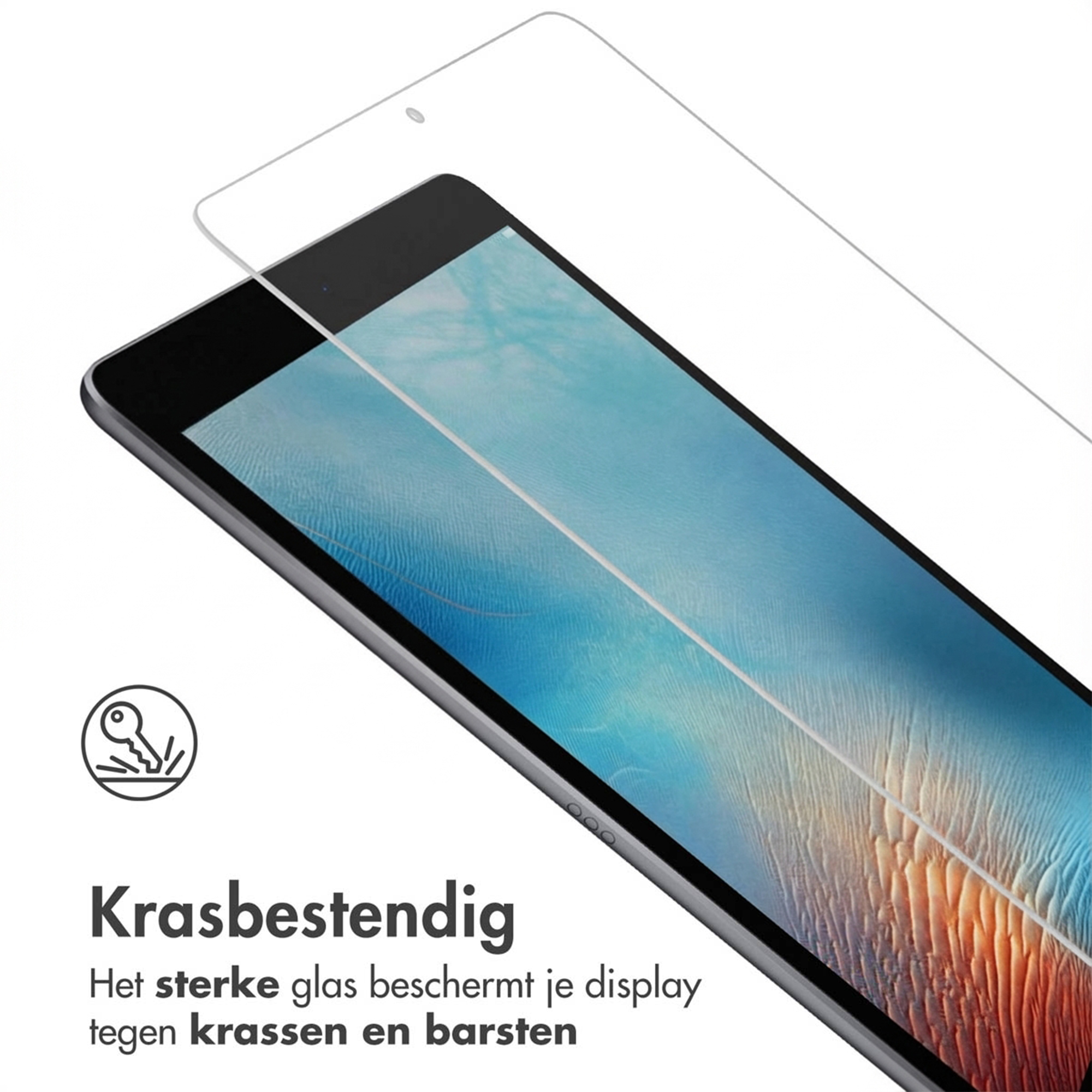 Screen protector on a tablet with a scratch-resistant icon.