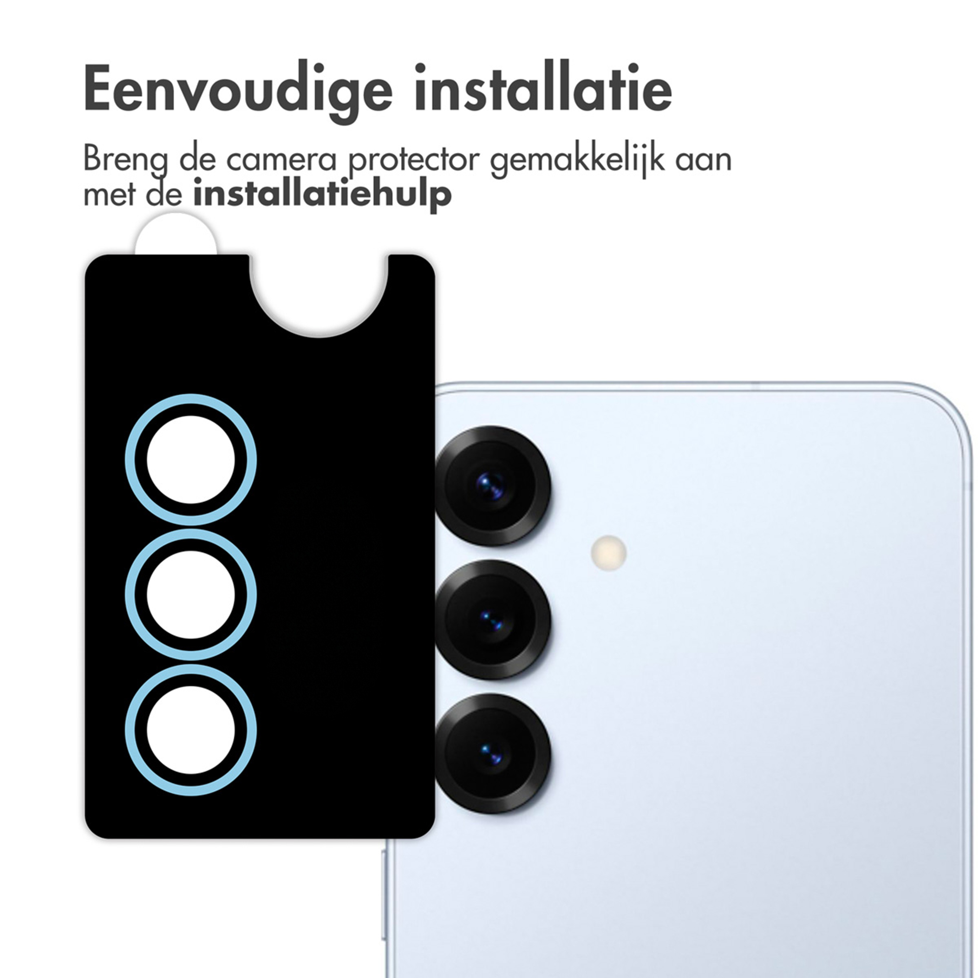 Een zwart hulpmiddel met drie cirkels helpt bij de eenvoudige installatie van een cameraprotector.