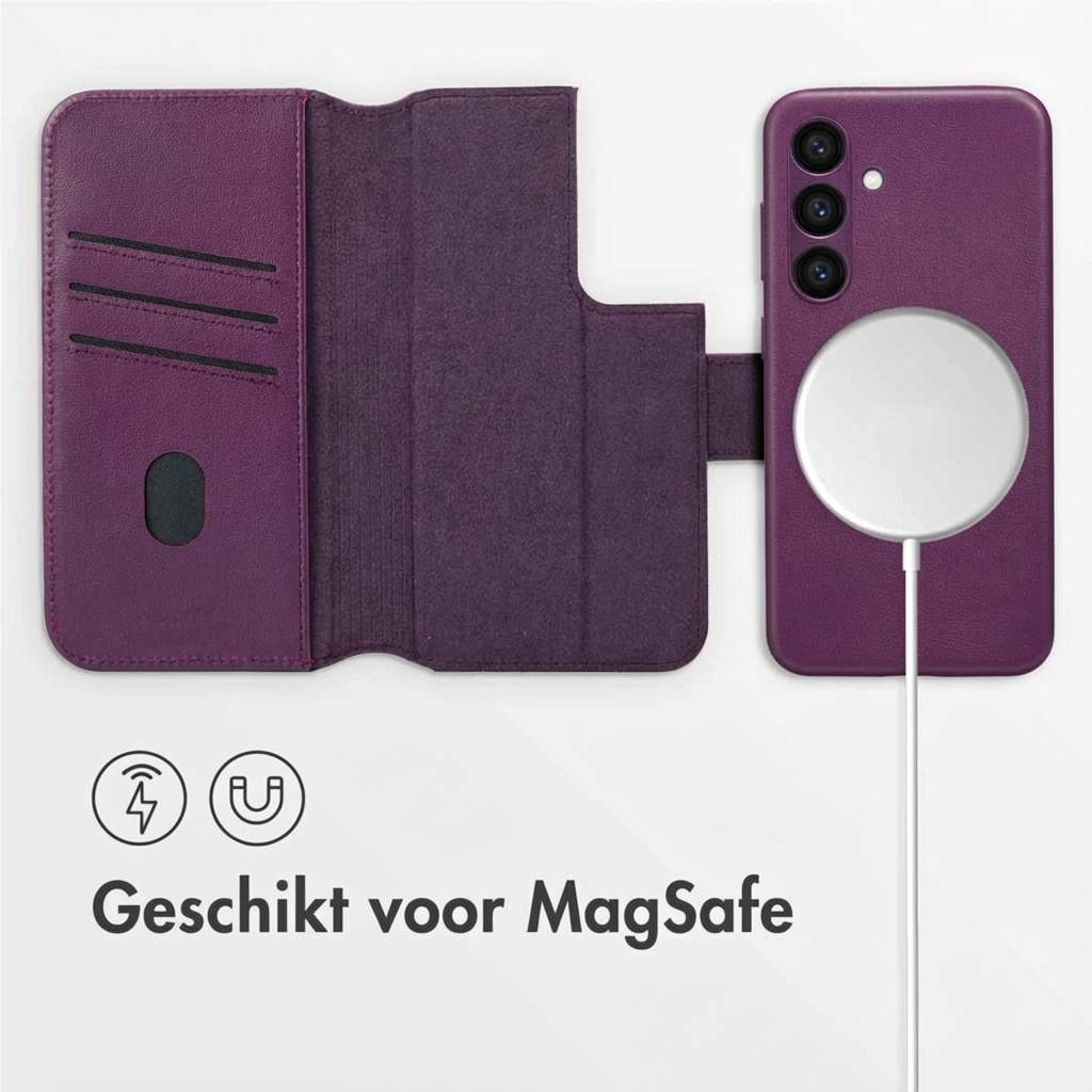 Étui violet pour téléphone avec chargeur MagSafe et fentes.