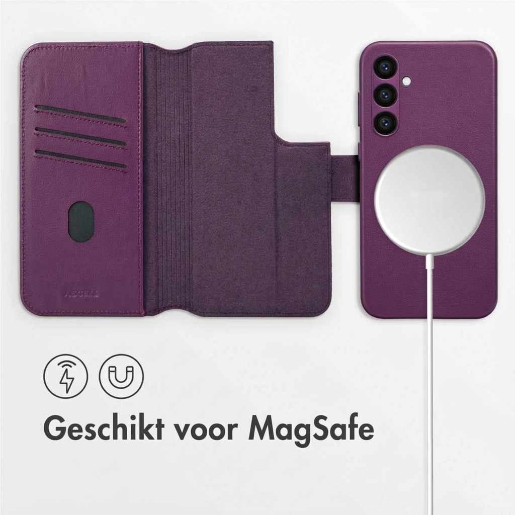 Paarse telefoonhoes met kaarthouders en MagSafe-oplader.