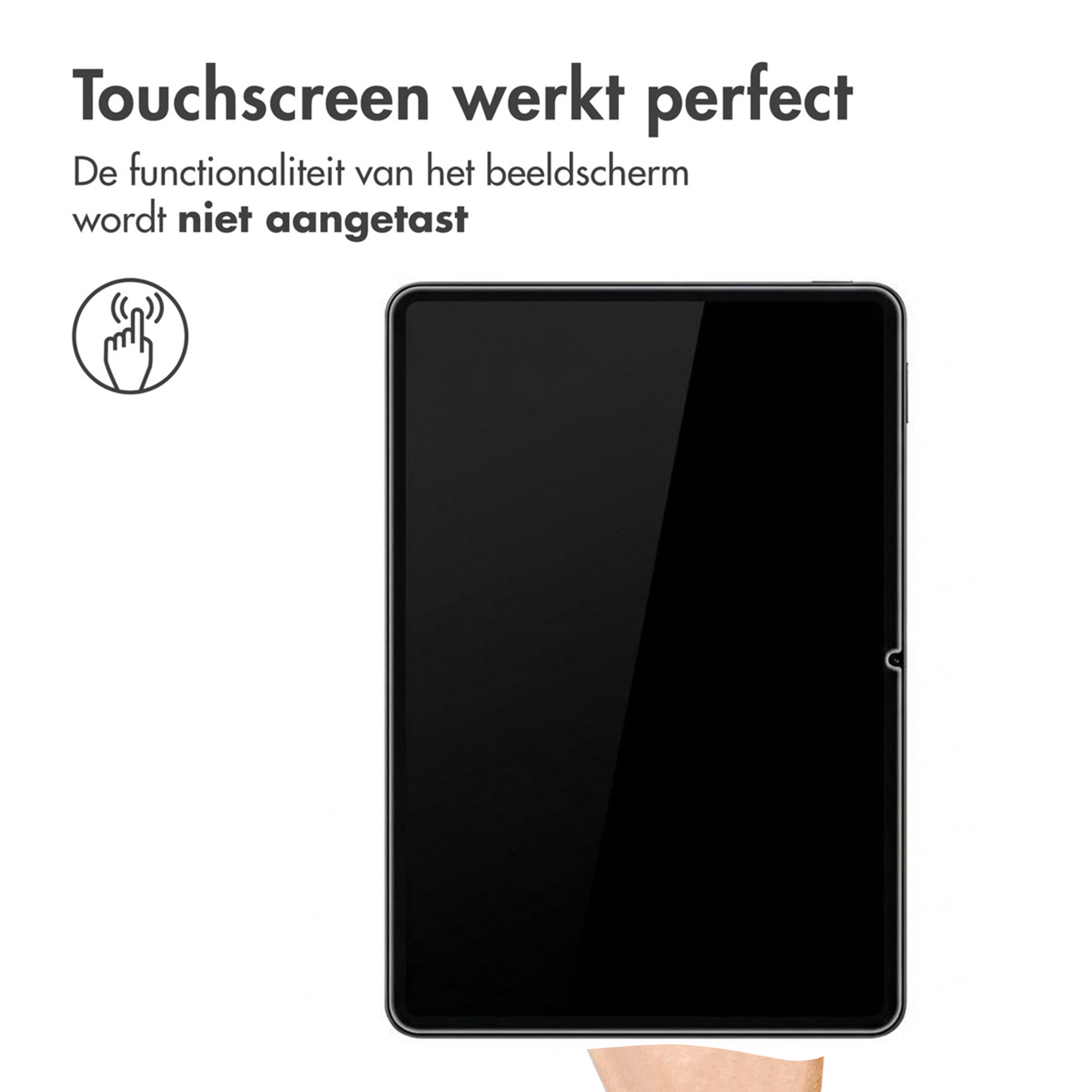 Een zwarte tablet met een touchscreen-icoon. Tekst: Touchscreen werkt perfect.