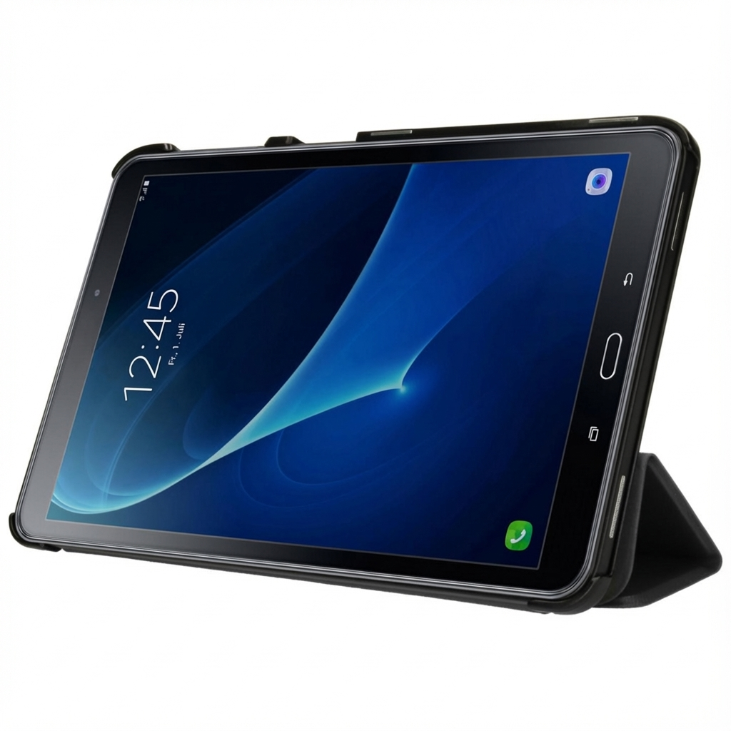 A black tablet with a blue wallpaper and a case.
