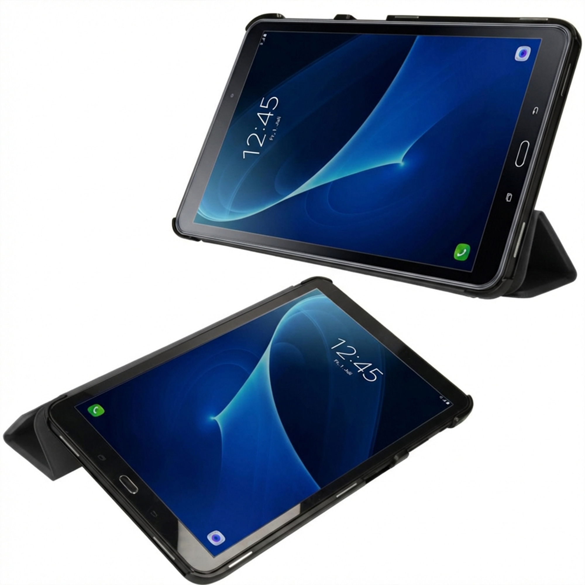 Two black tablets with blue screens, both in protective cases.