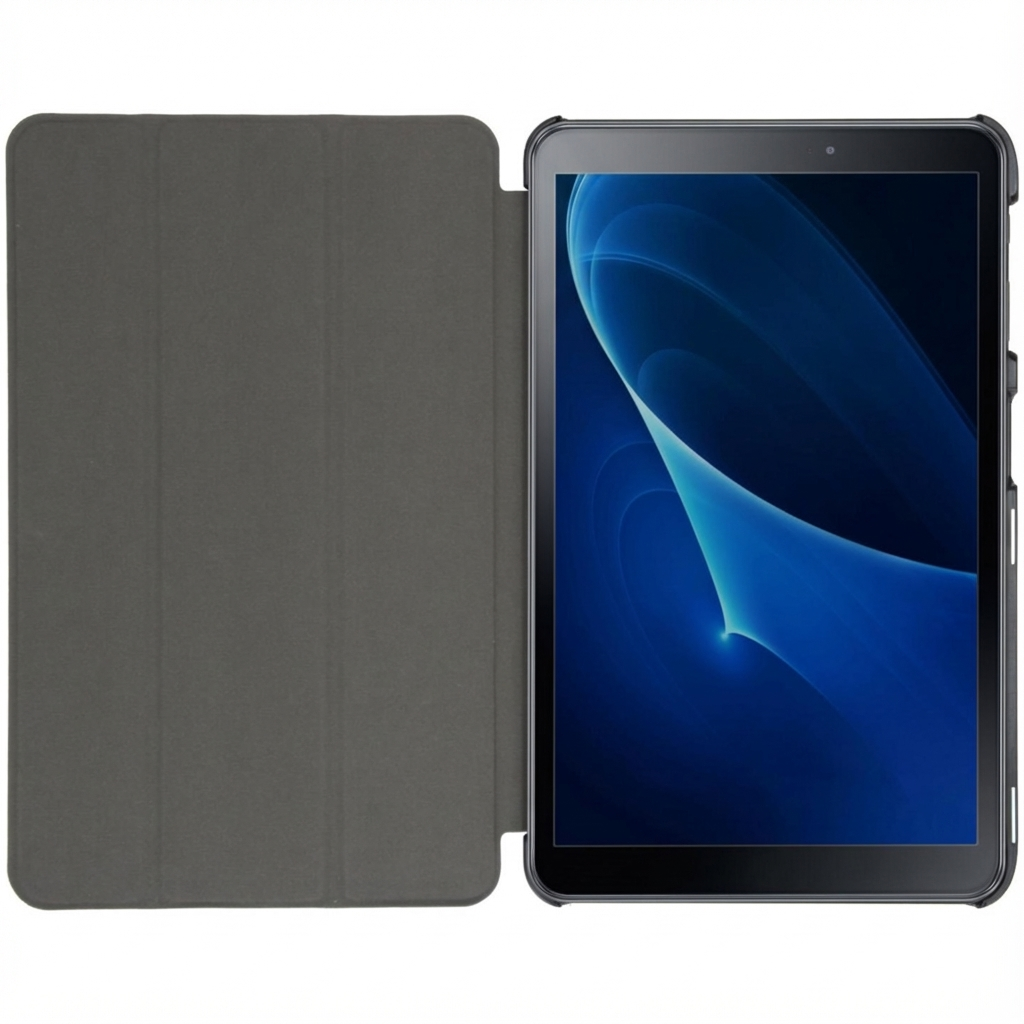 A tablet with a dark, open protective cover on the left foreground and its screen on the right.