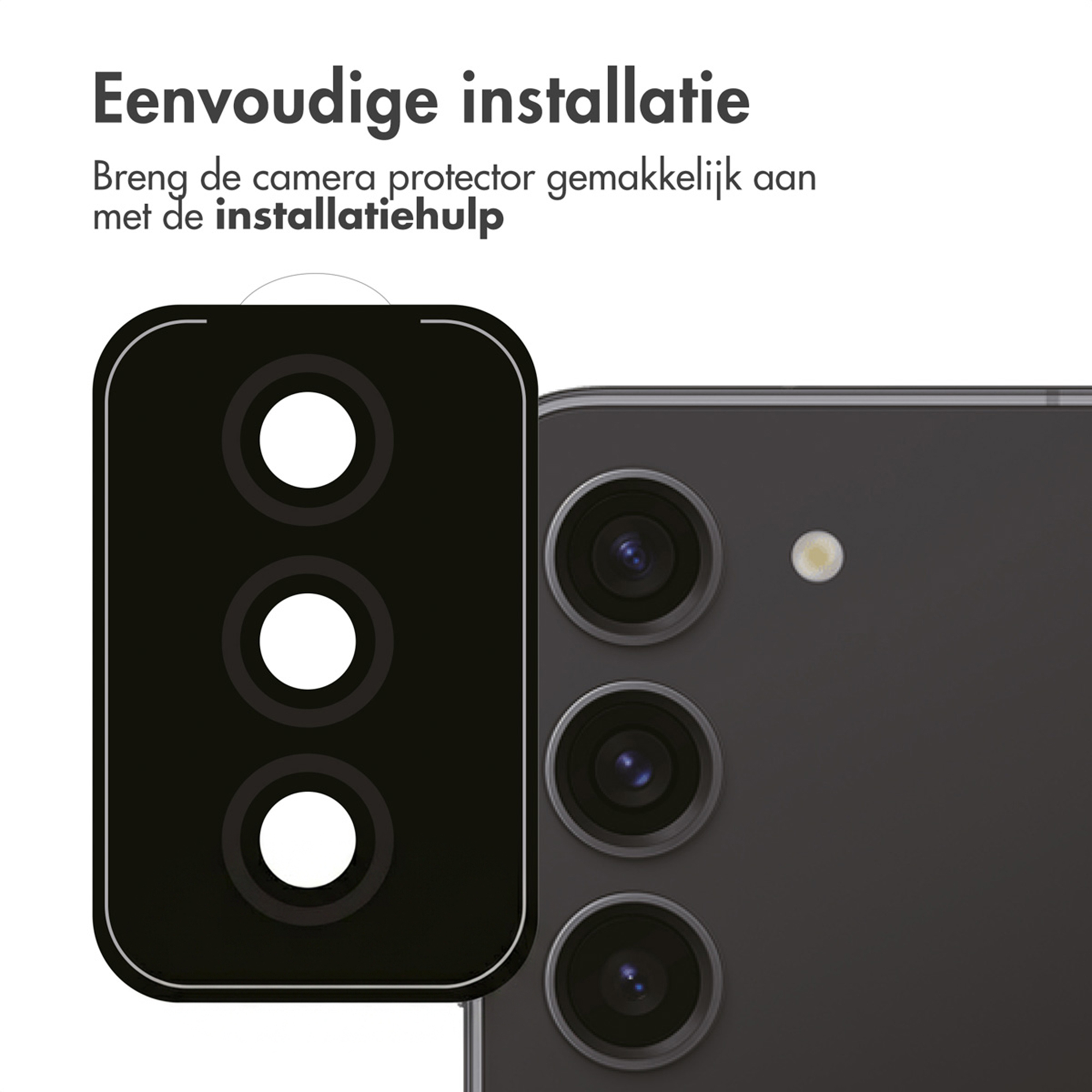 Black smartphone camera protector with three white circles, next to a smartphone.