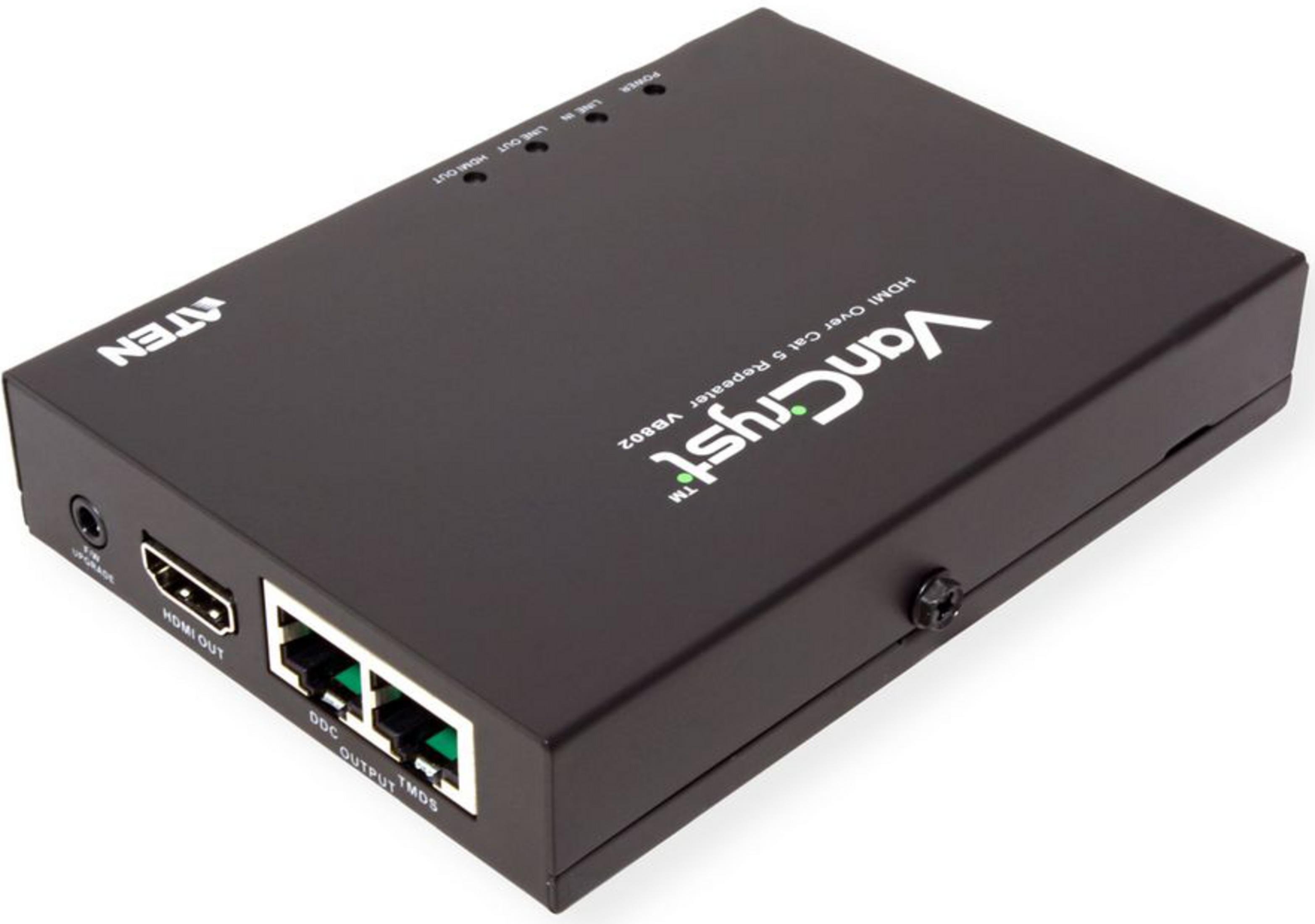 Schwarzes HDMI-Verlängerungsgerät mit Anschlüssen und Beschriftungen.