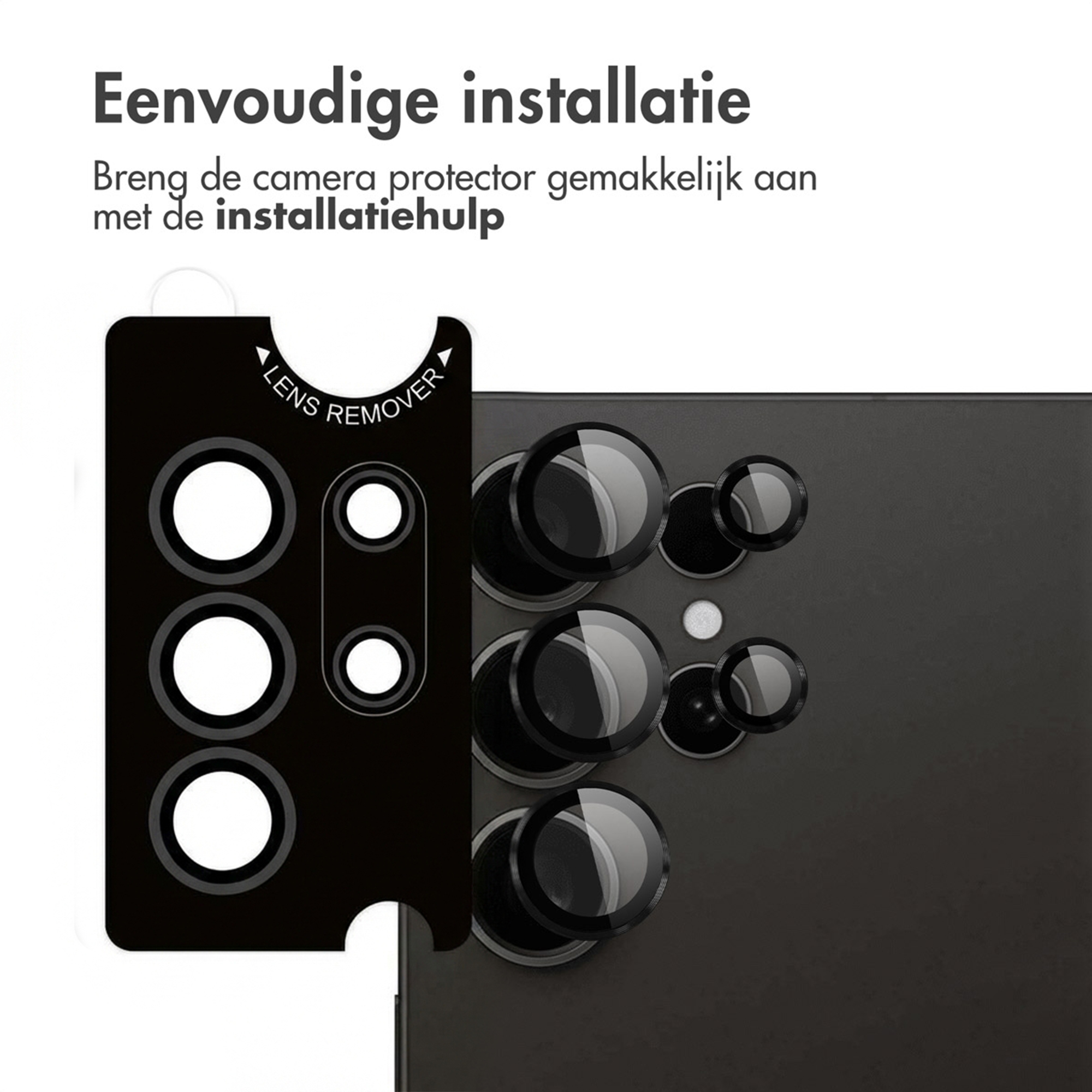 Zwarte lensbeschermer met installatiehulp naast telefooncamera's.