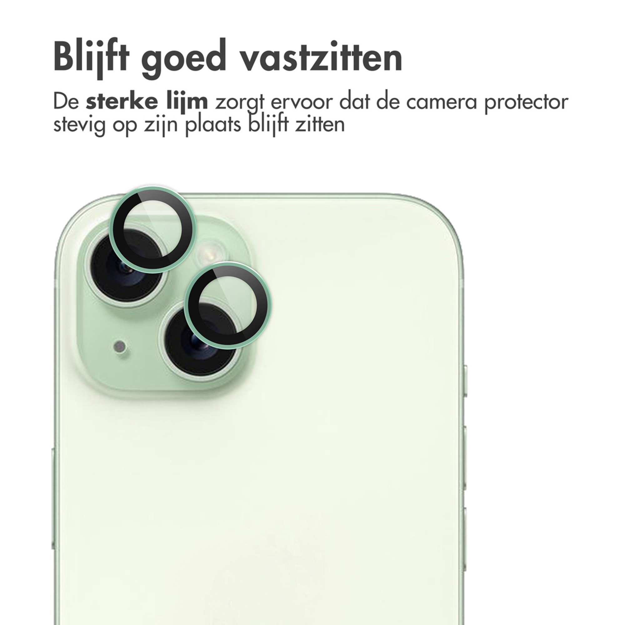 Black protective rings on camera lenses of a light green iPhone.