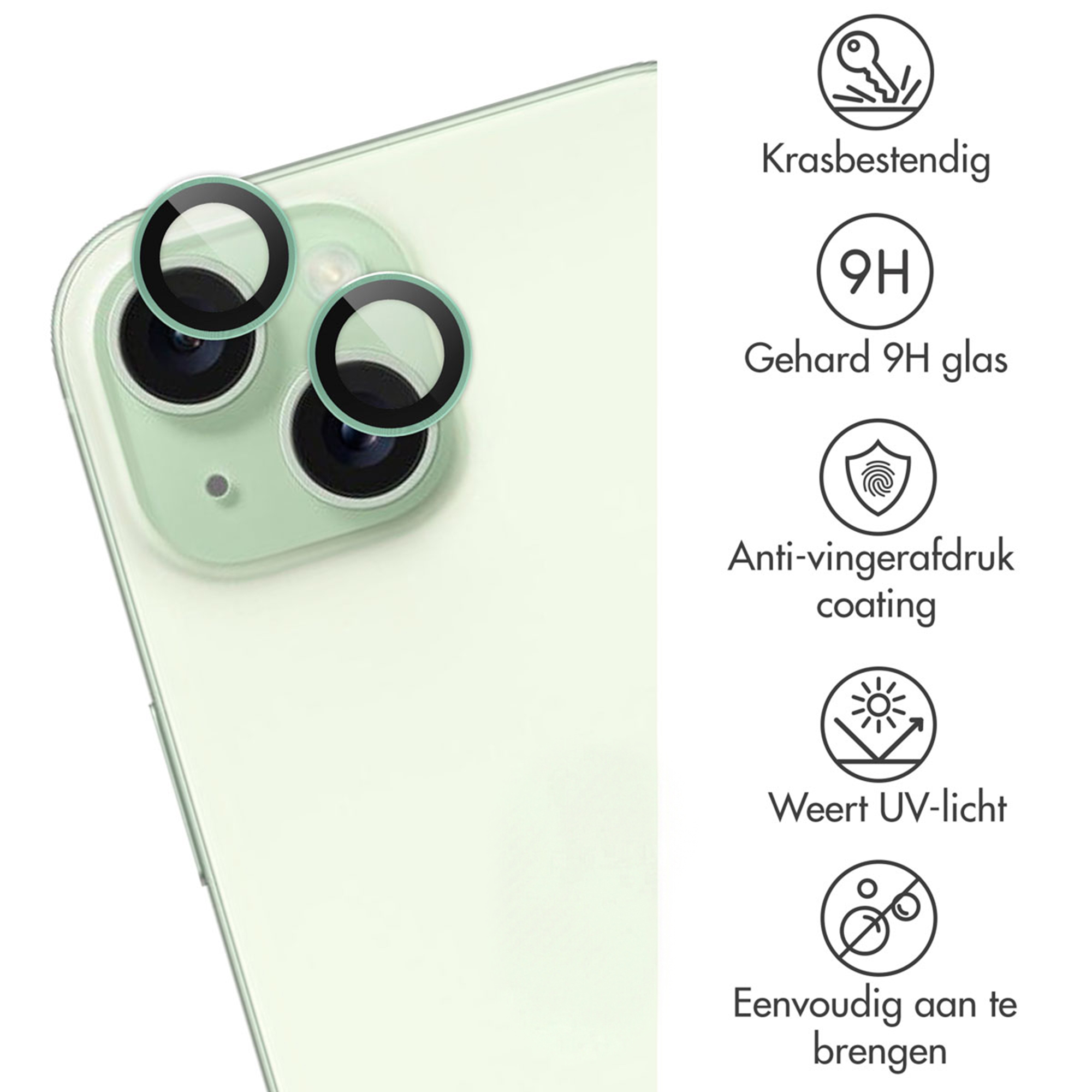 iPhone camera protector: scratch-resistant, 9H glass, anti-fingerprint, UV resistant.