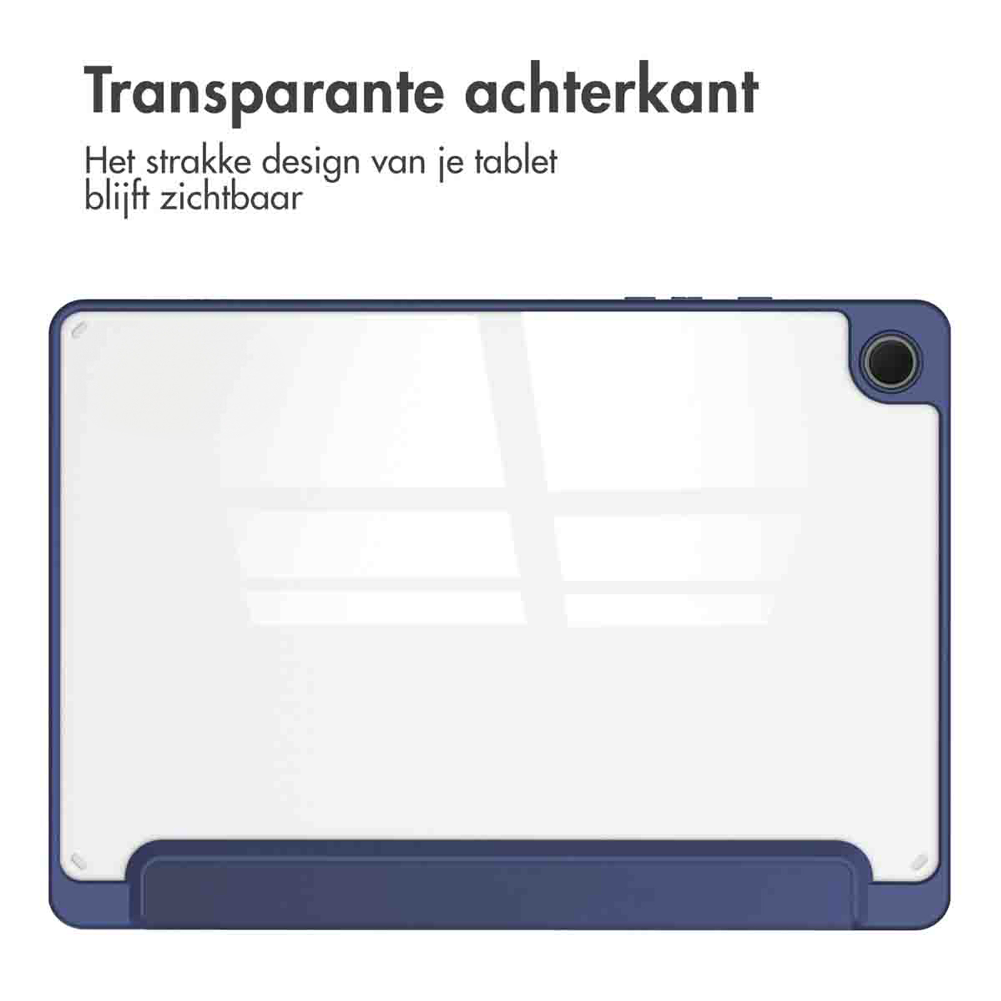 Transparent tablet back cover with blue trim and camera opening.