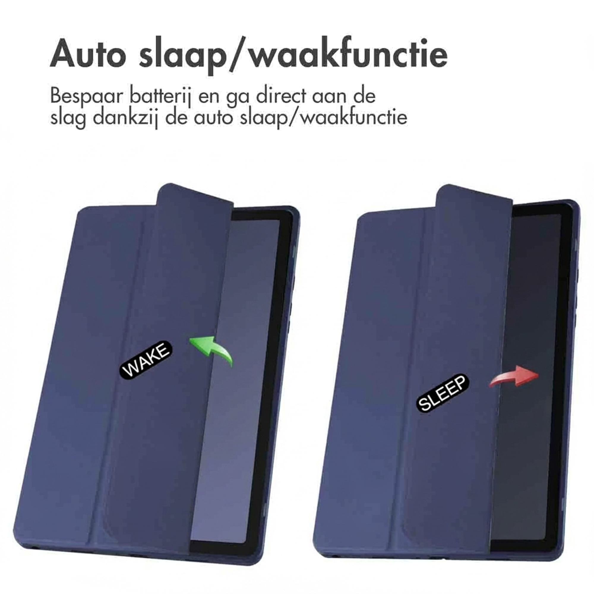 A blue tablet stand showing 'Wake' and 'Sleep' functions with arrows.