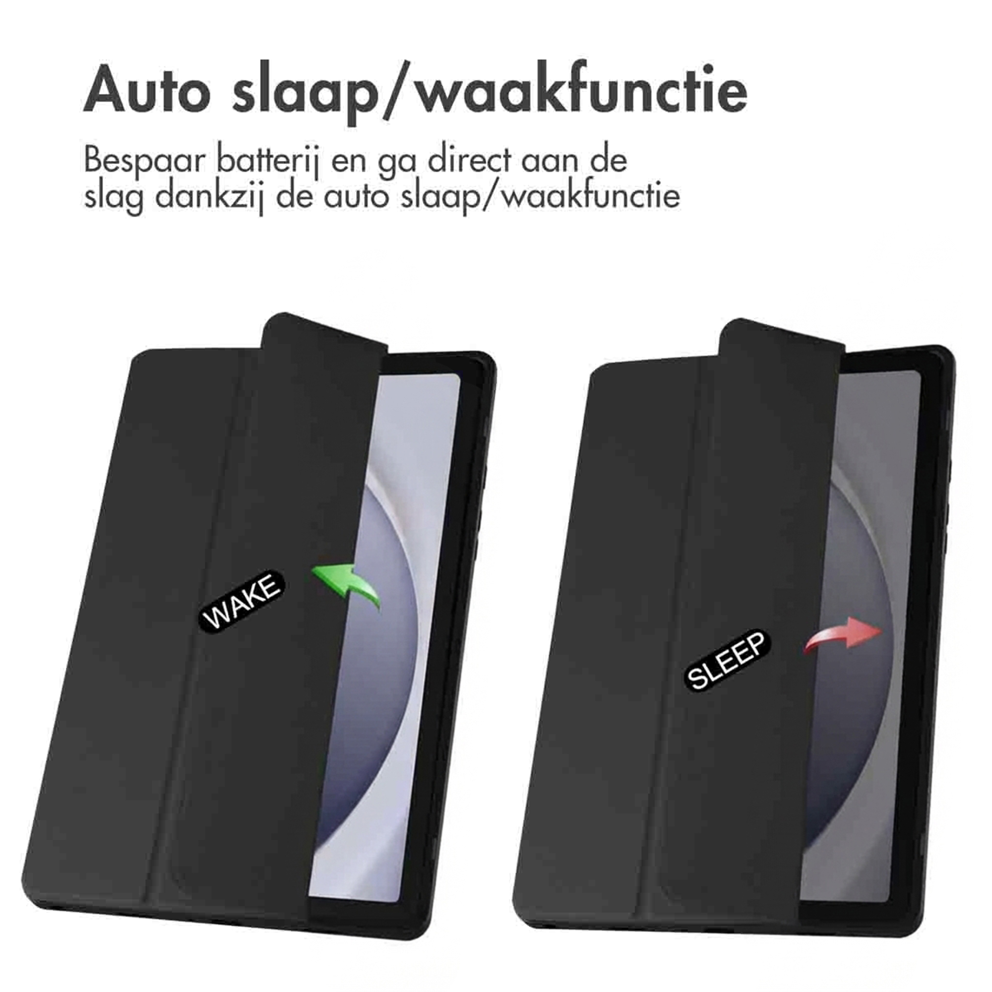 Two black tablet covers showing auto sleep/wake mode.