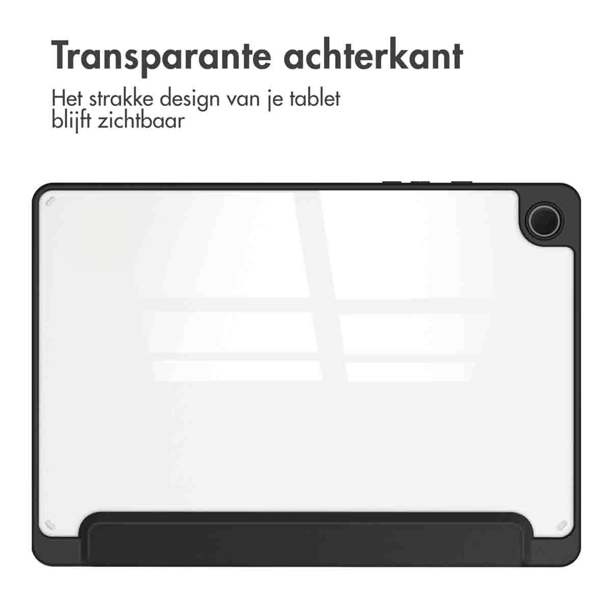 Transparent back of a tablet with black frame and stand.