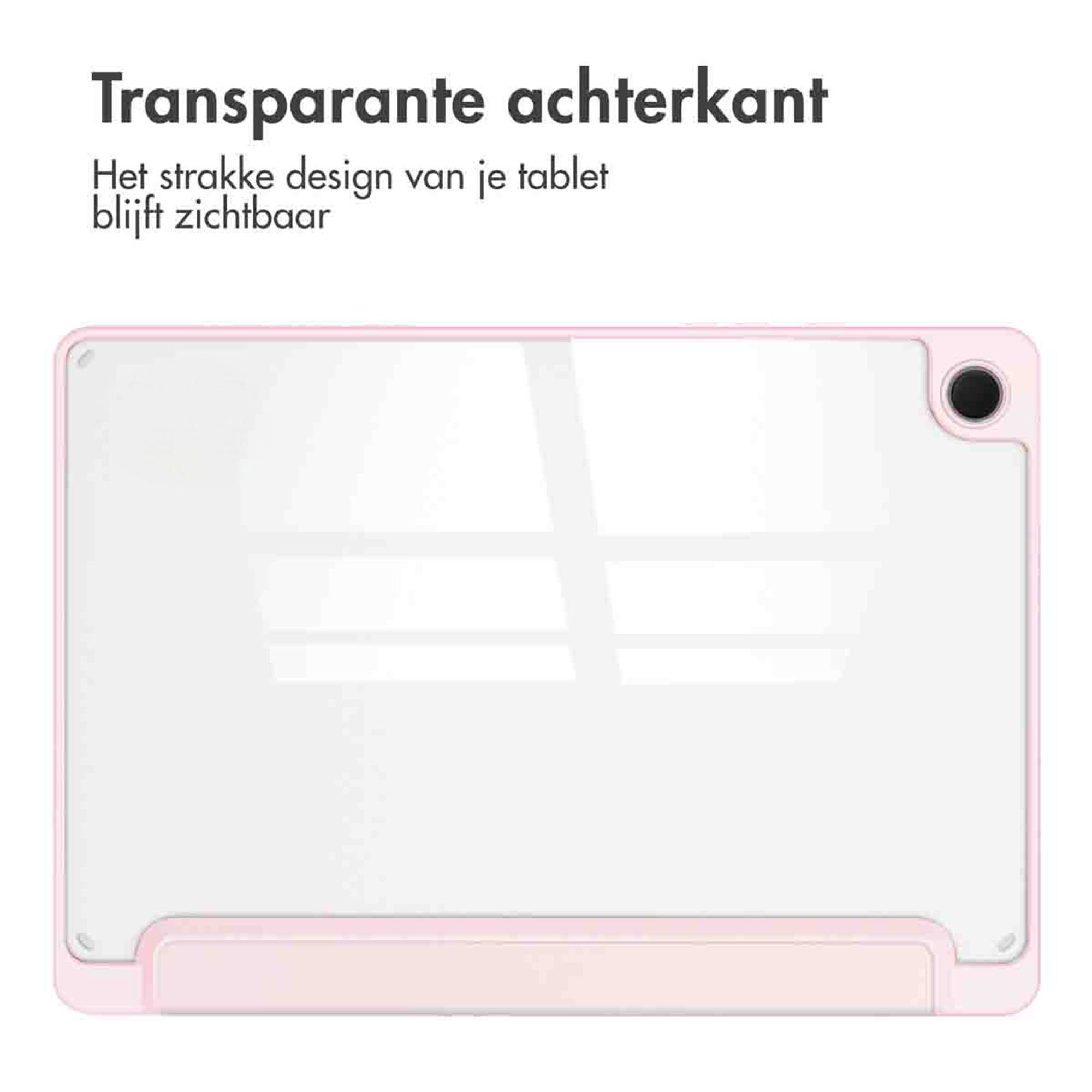 A transparent pink tablet case with camera cutout and stand.