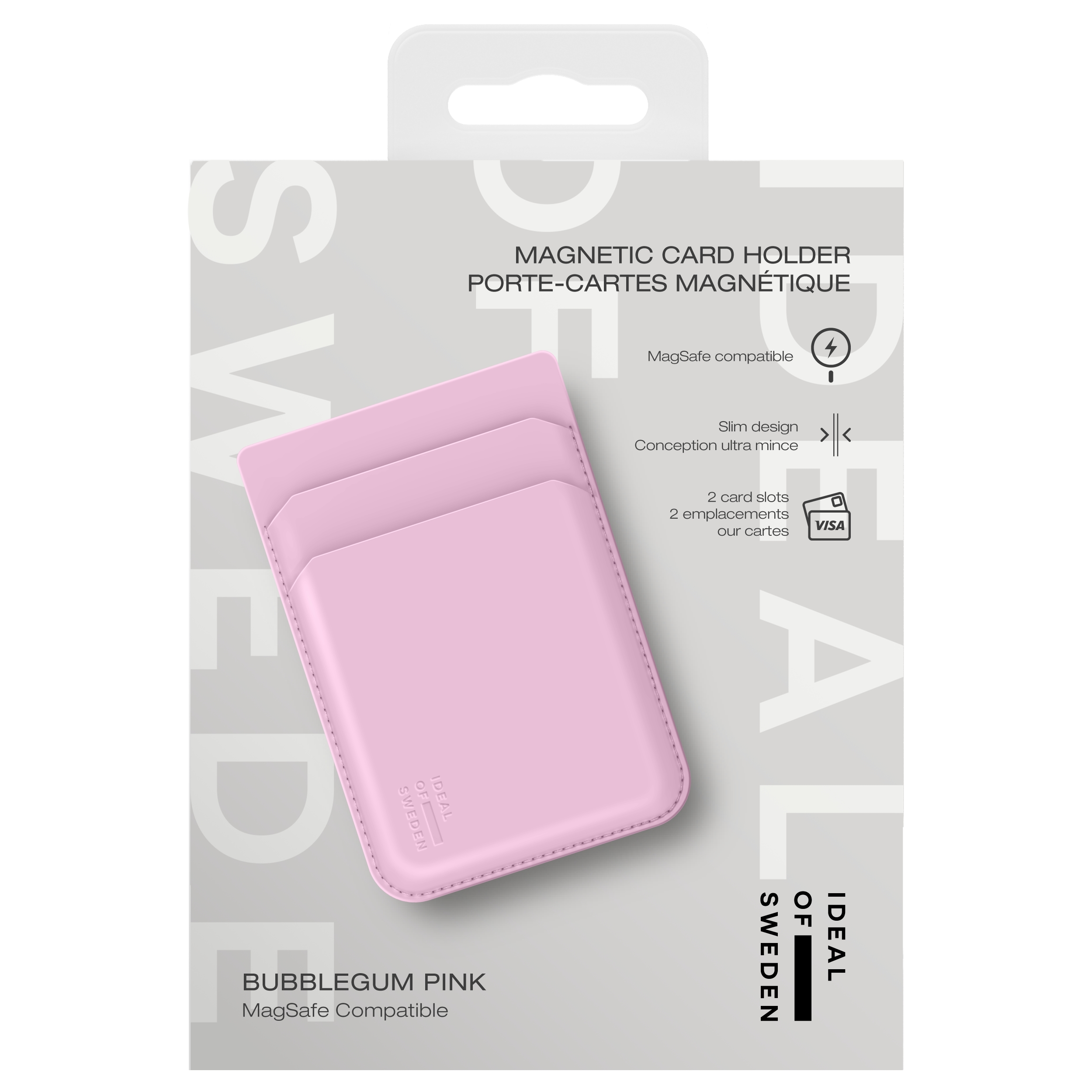 Verpackung für einen rosafarbenen MagSafe Kartenhalter mit "IDEAL OF SWEDEN" Logo.