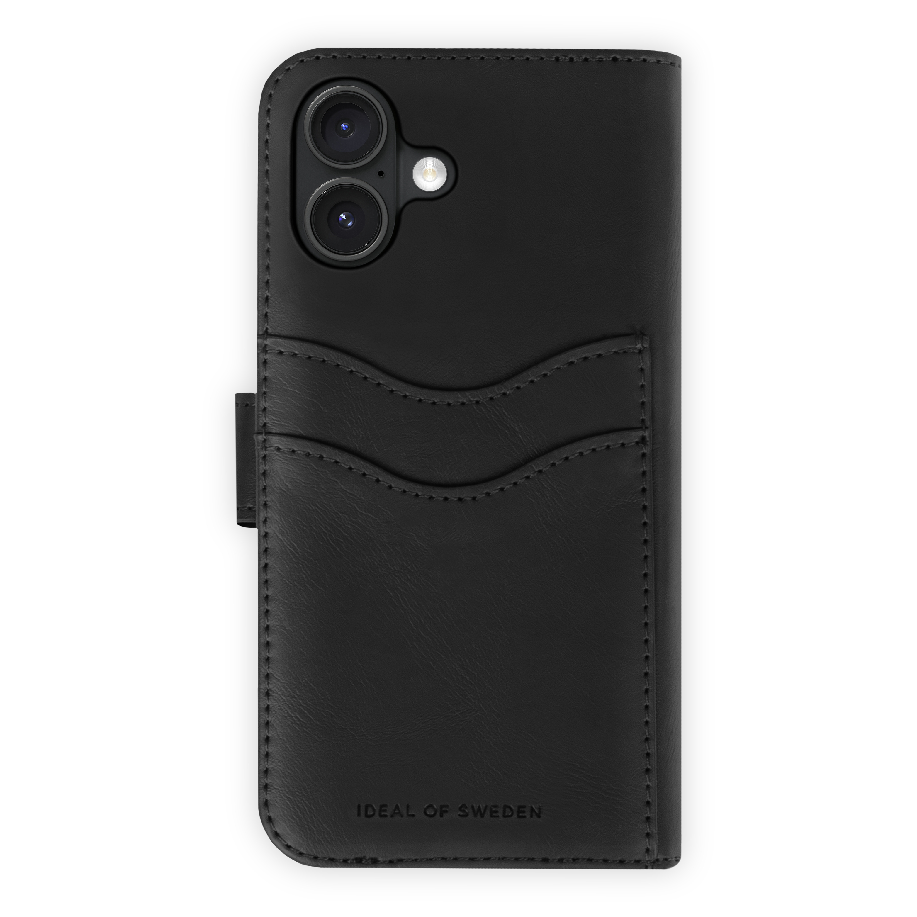 Schwarzes Leder-Wallet-Case für ein Smartphone mit zwei Kameras und Logo.