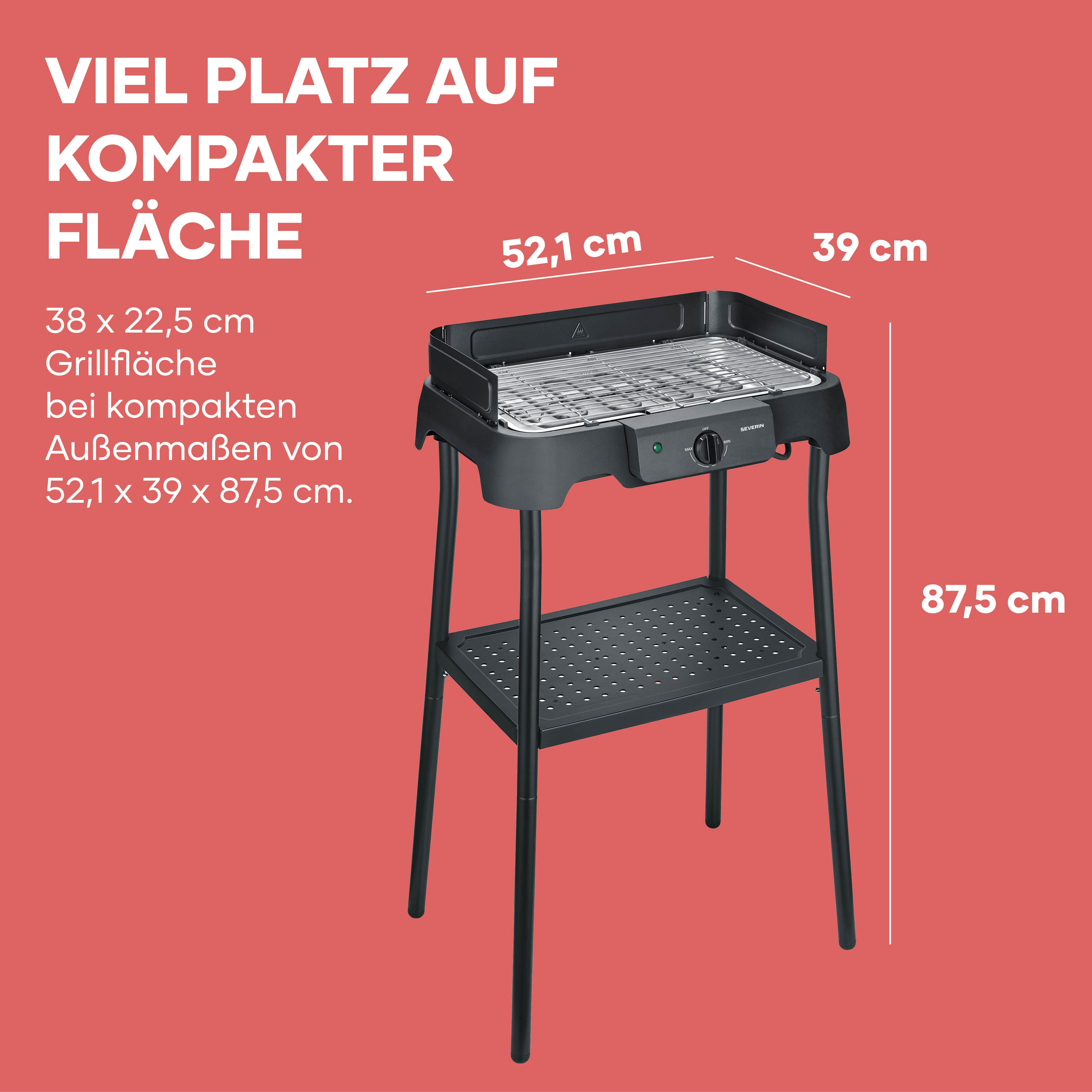 Ein schwarzer Elektrogrill auf einem Ständer mit Maßen 52,1 x 39 x 87,5 cm.