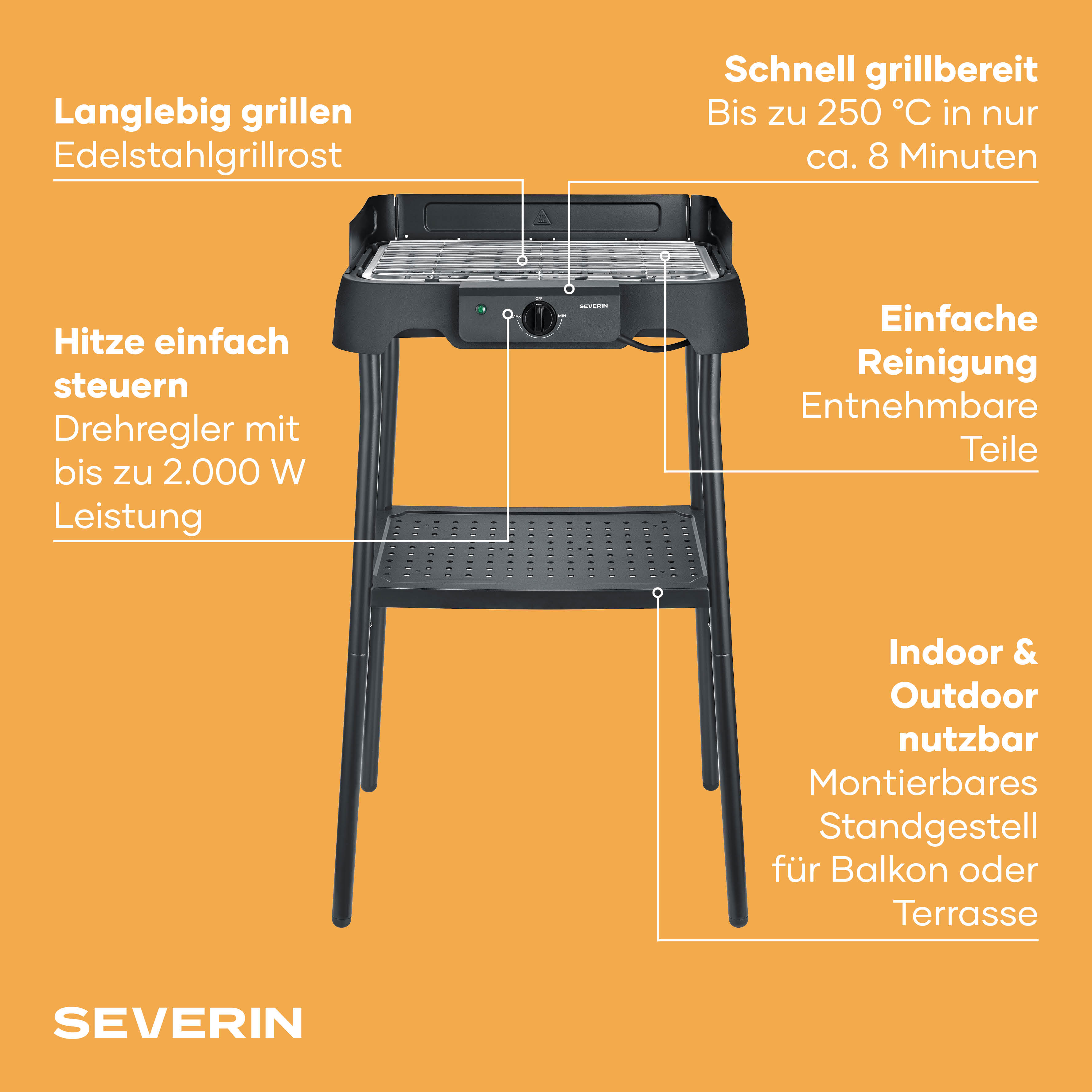 Ein schwarzer Elektrogrill mit Edelstahlrost und Ständer auf orangefarbenem Hintergrund.