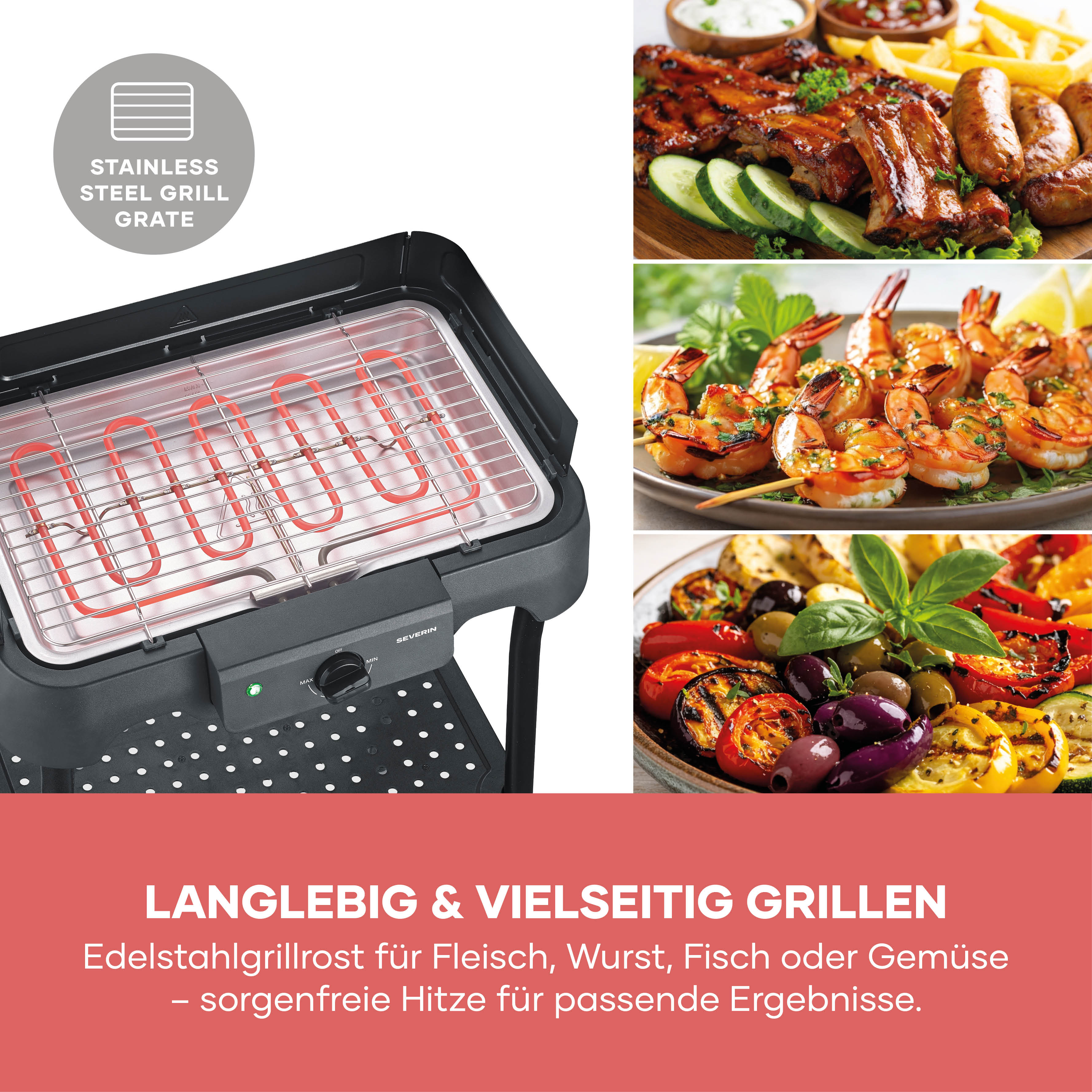 Ein elektrischer Grill mit Edelstahlrost, daneben verschiedene Grillgerichte.