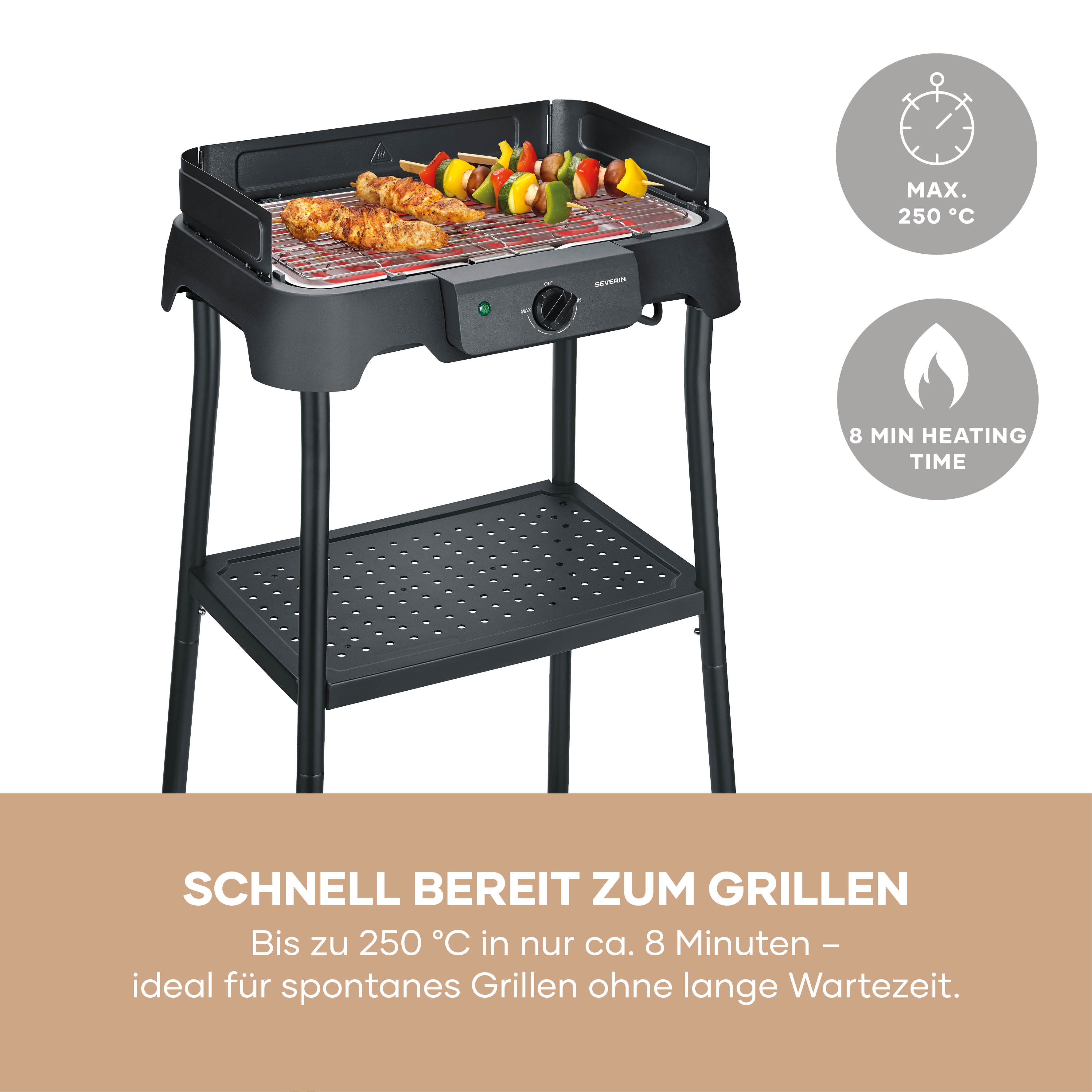 Ein elektrischer Grill mit Fleischspießen und Gemüse, max. 250°C, 8 Min. Aufheizzeit.