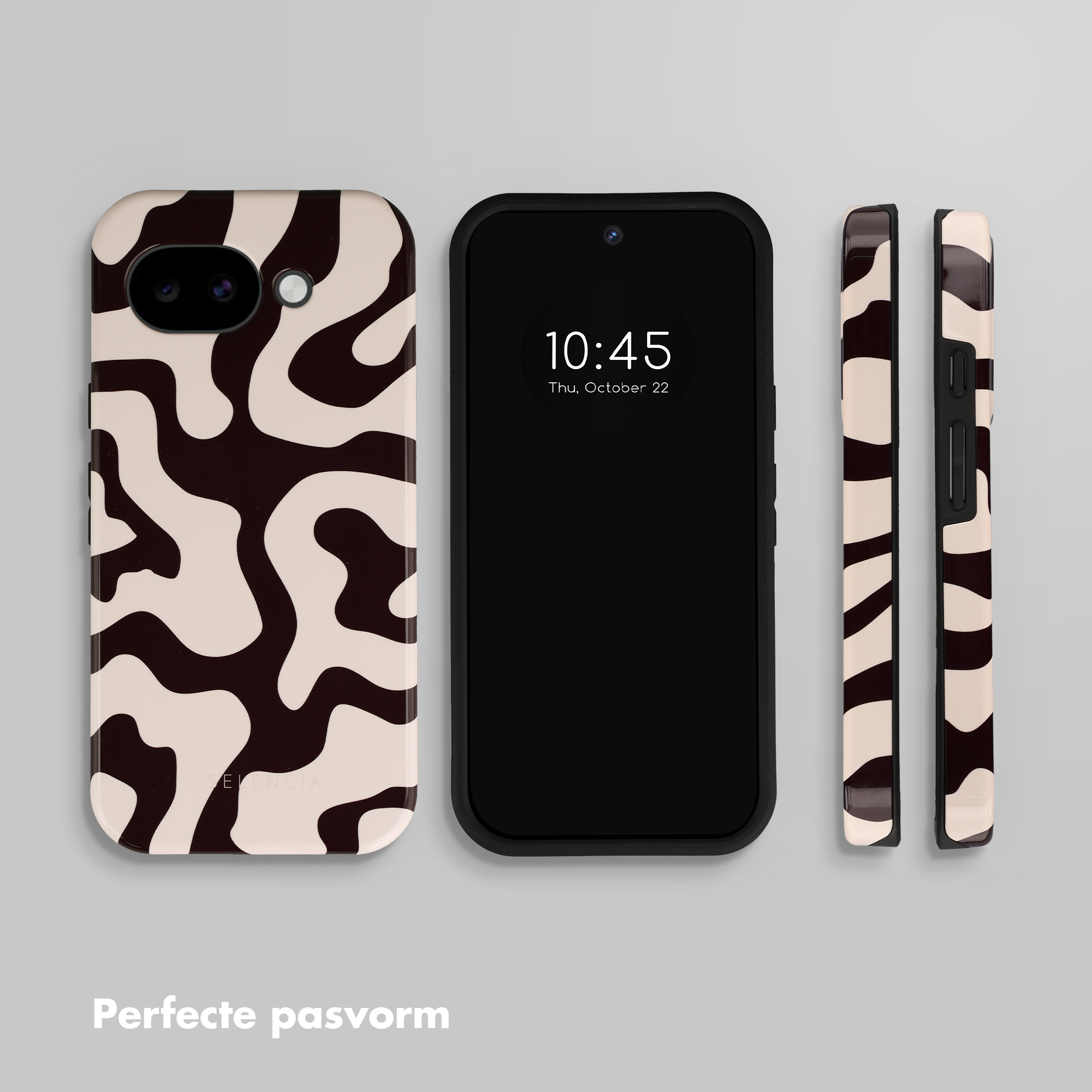 Un smartphone avec écran noir et coque à motif ondulé marron et beige.