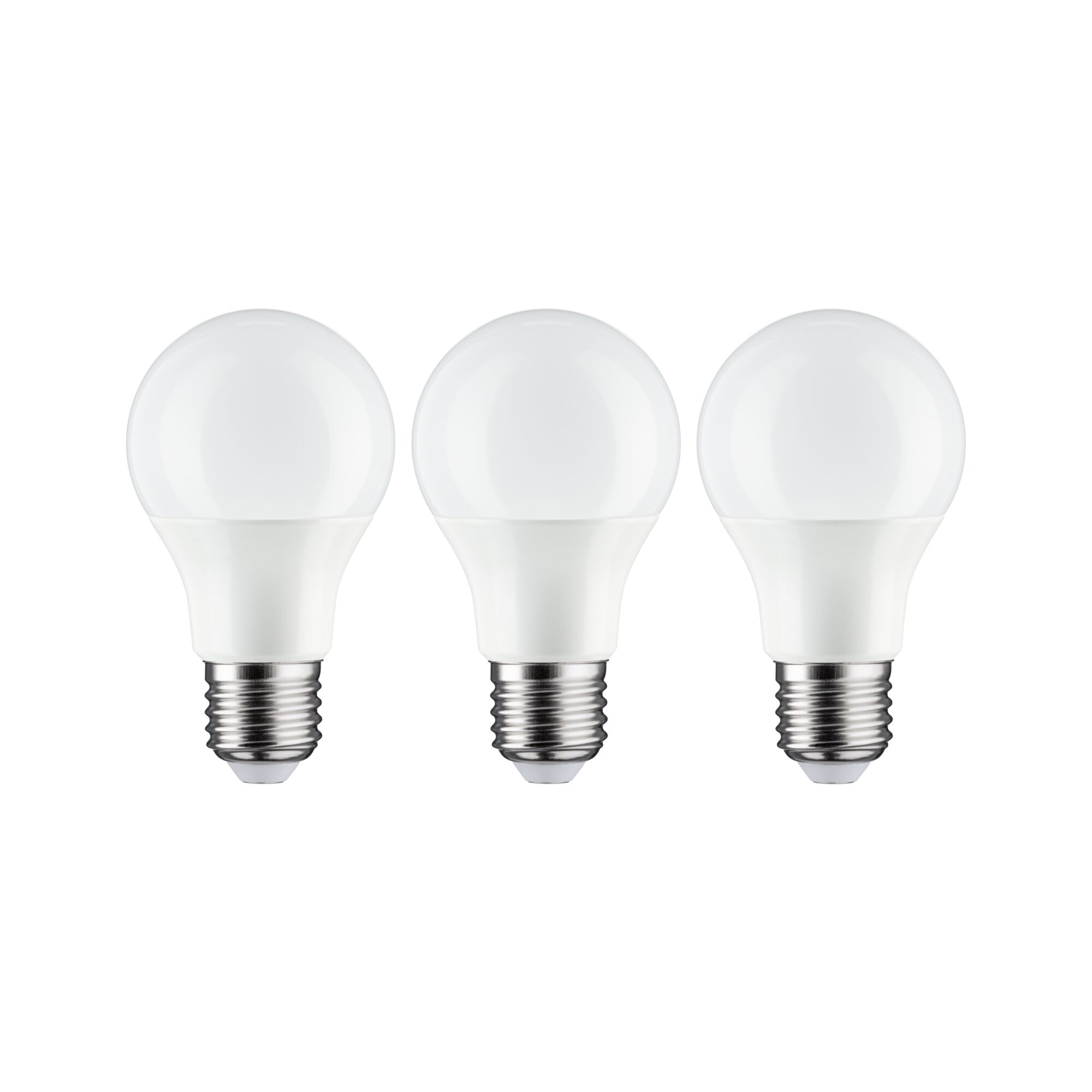 Drei weiße LED-Lampen mit silbernen Sockeln auf weißem Hintergrund.