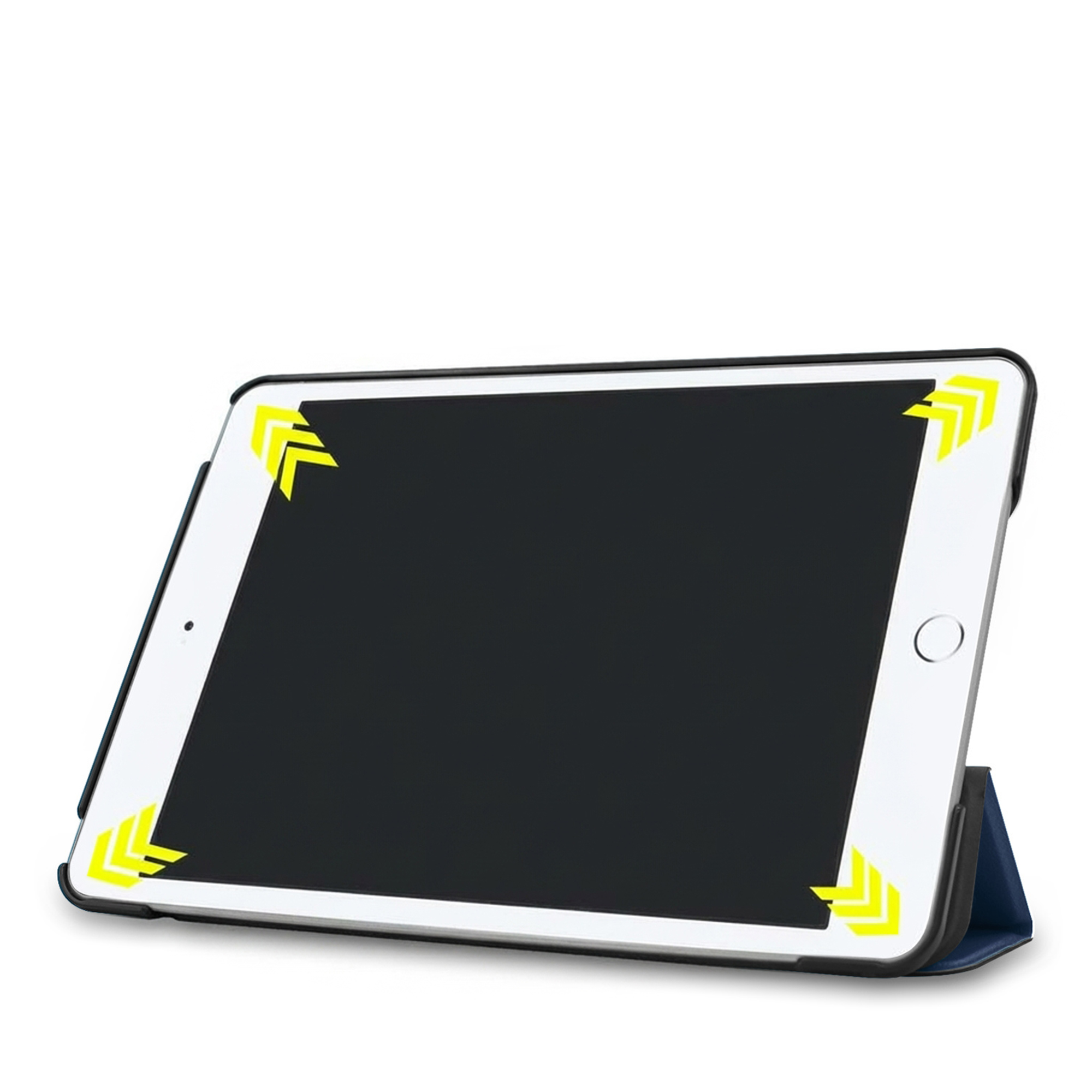 A tablet with a dark screen and yellow arrows at the corners, in a blue case.