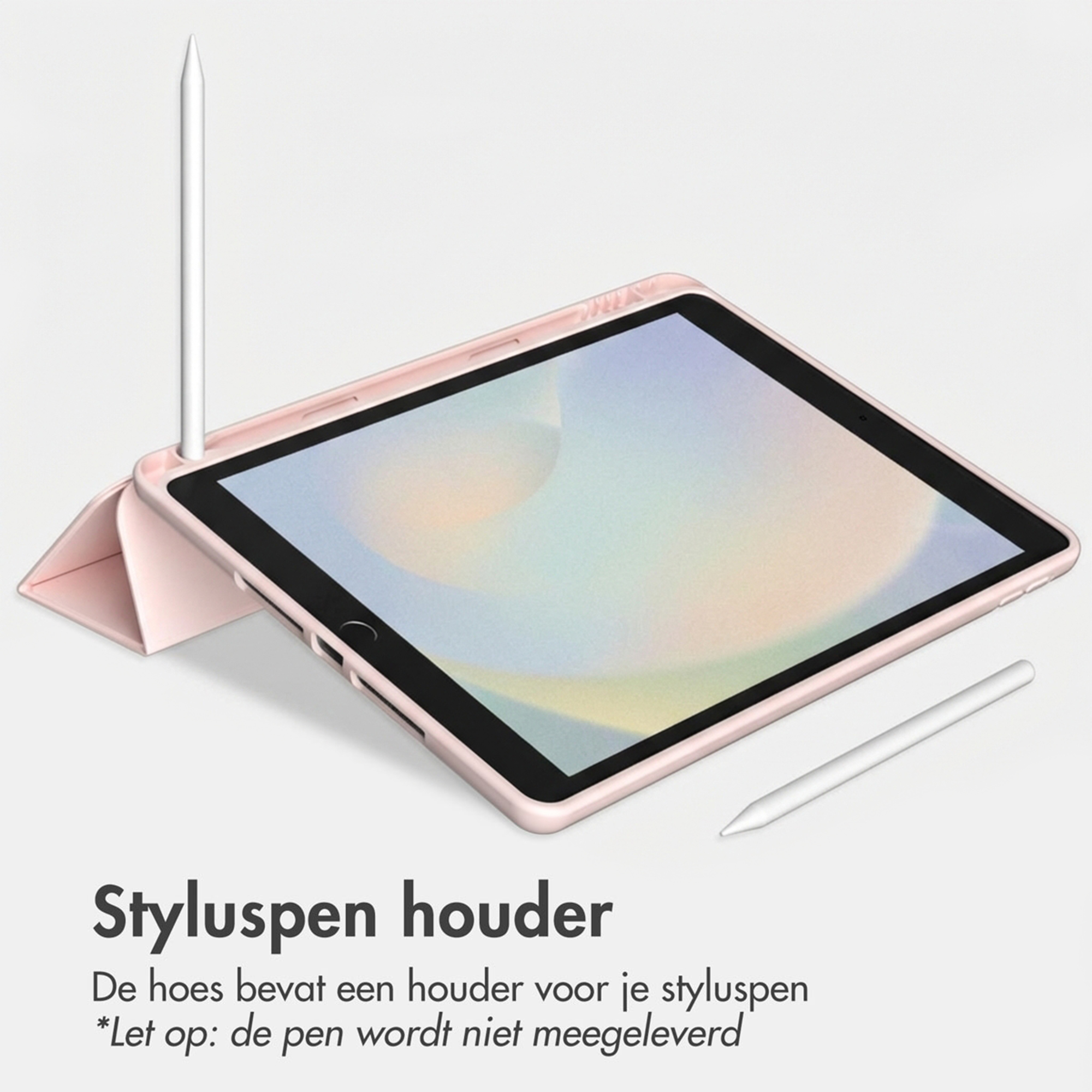 Een roze tablethoes met penhouder en twee pennen.
