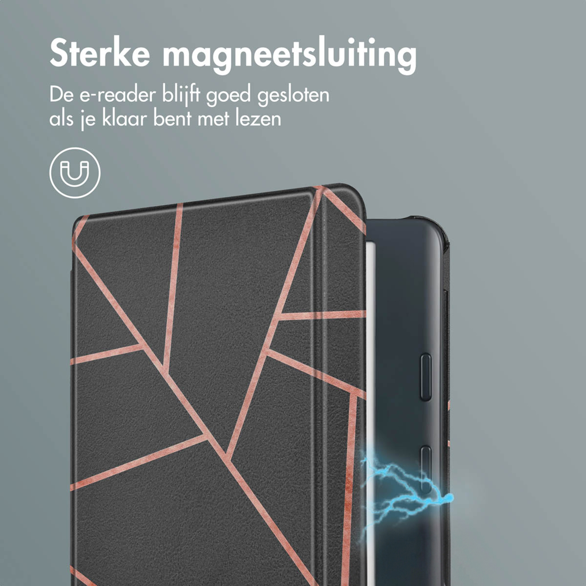 Zwarte e-reader hoes met geometrisch patroon en magneetsluiting.