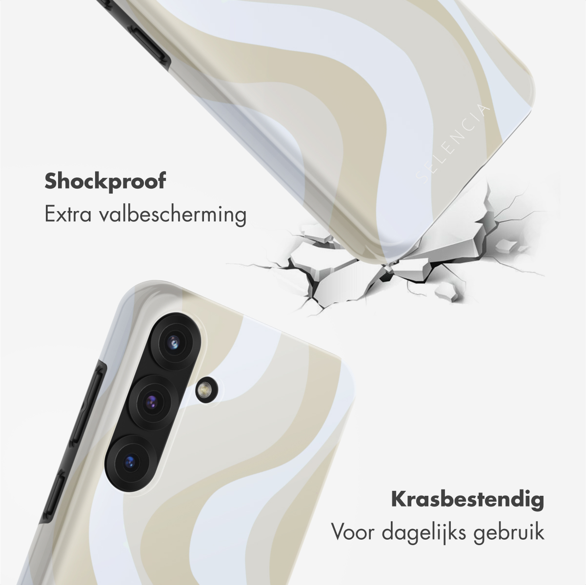 Cover per telefono con motivo a onde che cade su terreno crepato.