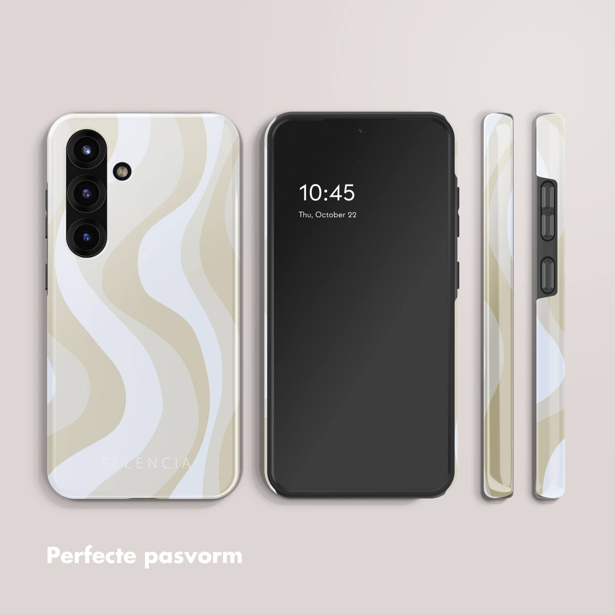 Tre custodie per telefono con motivo ondulato beige e bianco. Un telefono acceso mostra l'ora.