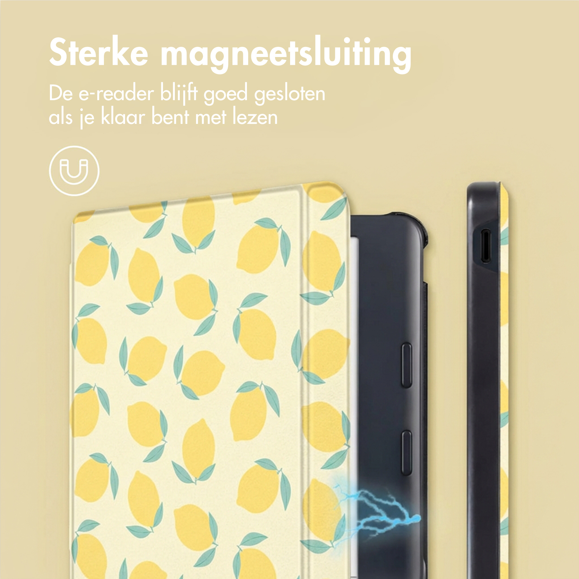Een e-reader met gele hoes met citroenpatroon, die een sterke magneetsluiting toont.