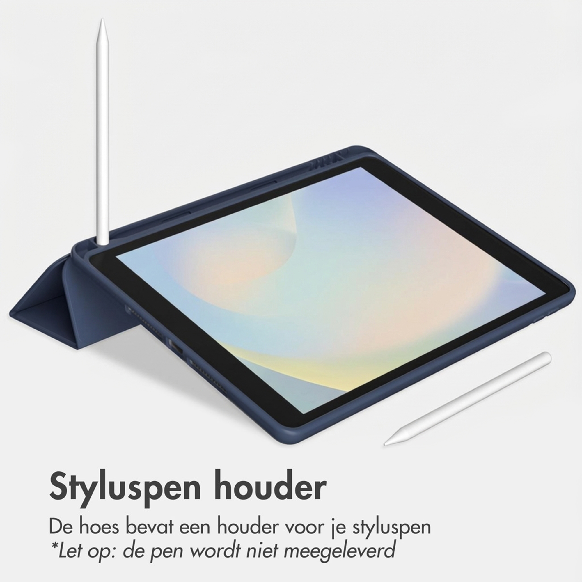 Donkerblauwe tablethoes met stylus houder en twee stijlen.