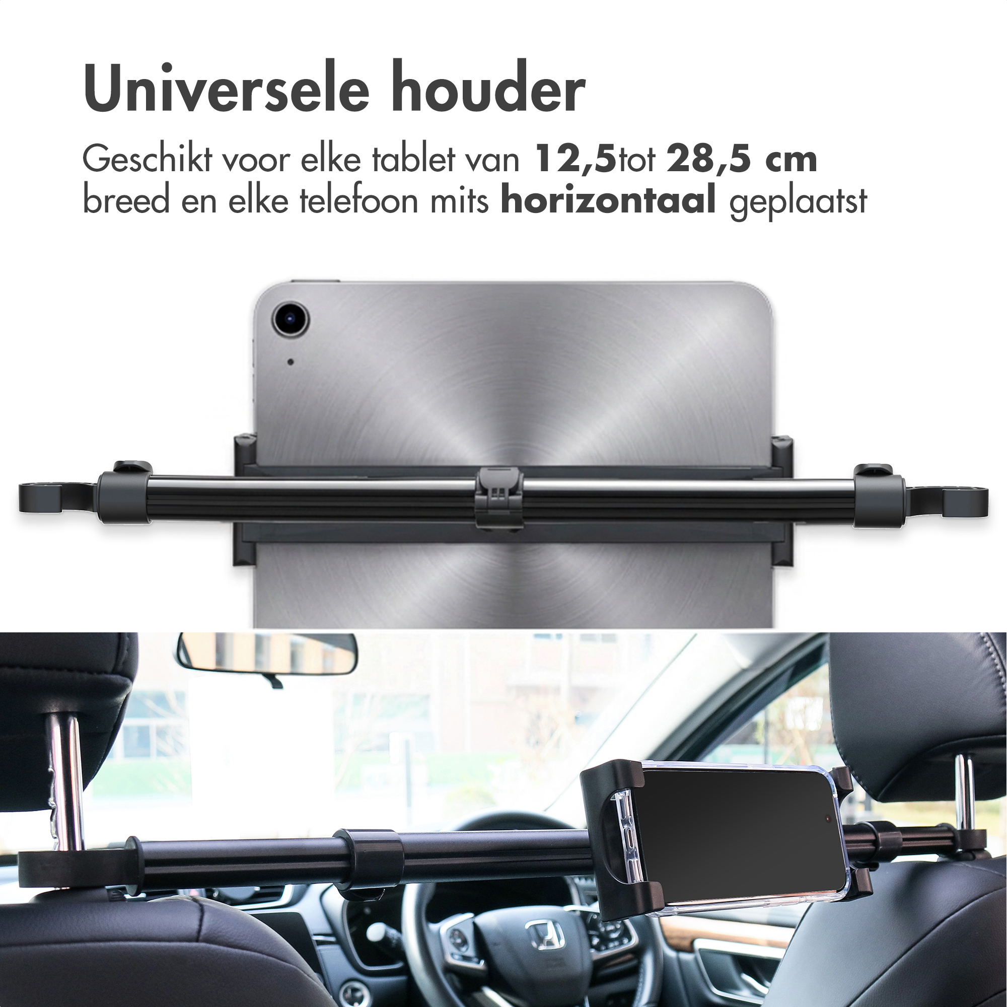 Universele houder voor tablets/smartphones, gemonteerd op een hoofdsteun in de auto.