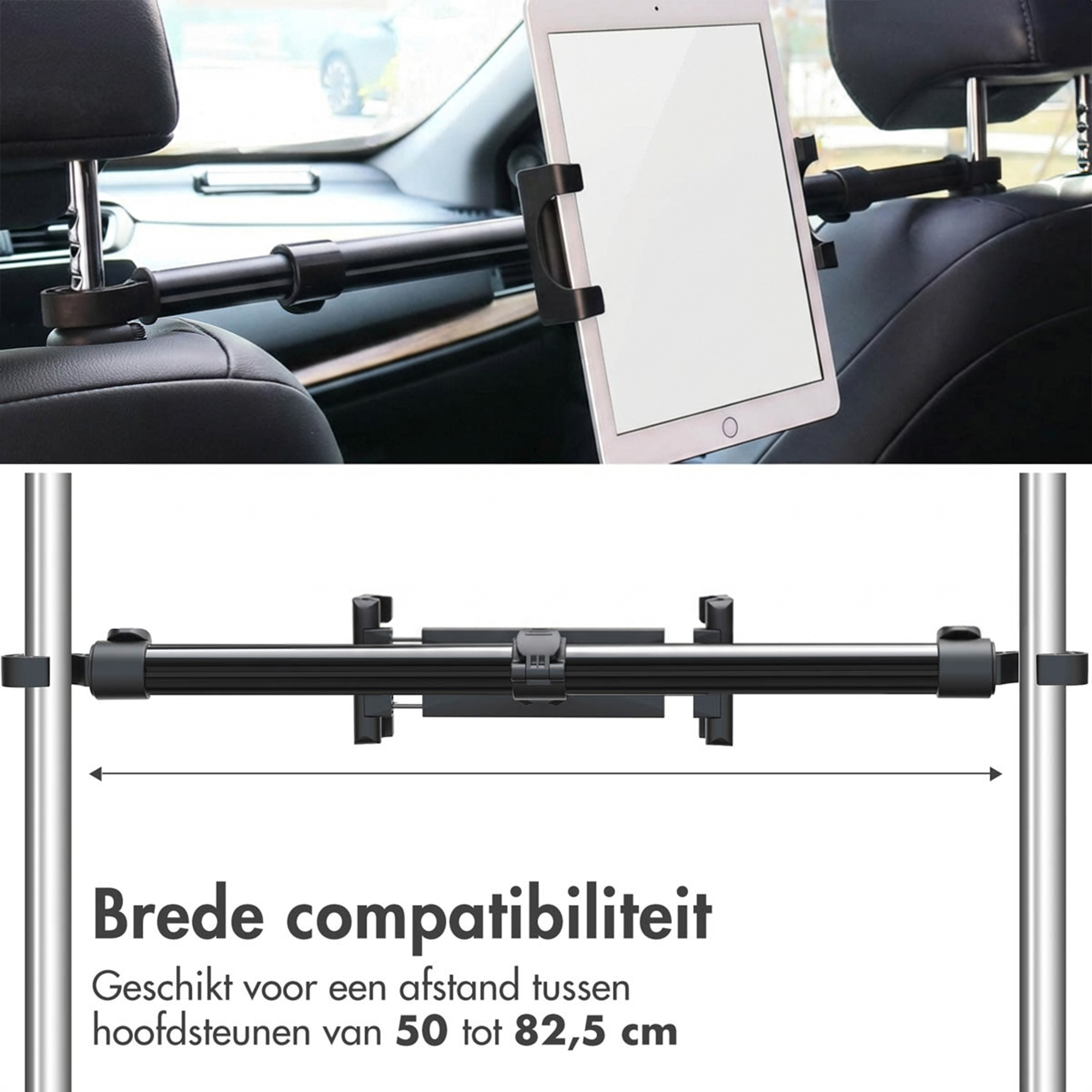 Tablet houder voor auto hoofdsteunen, verstelbaar 50-82,5 cm.