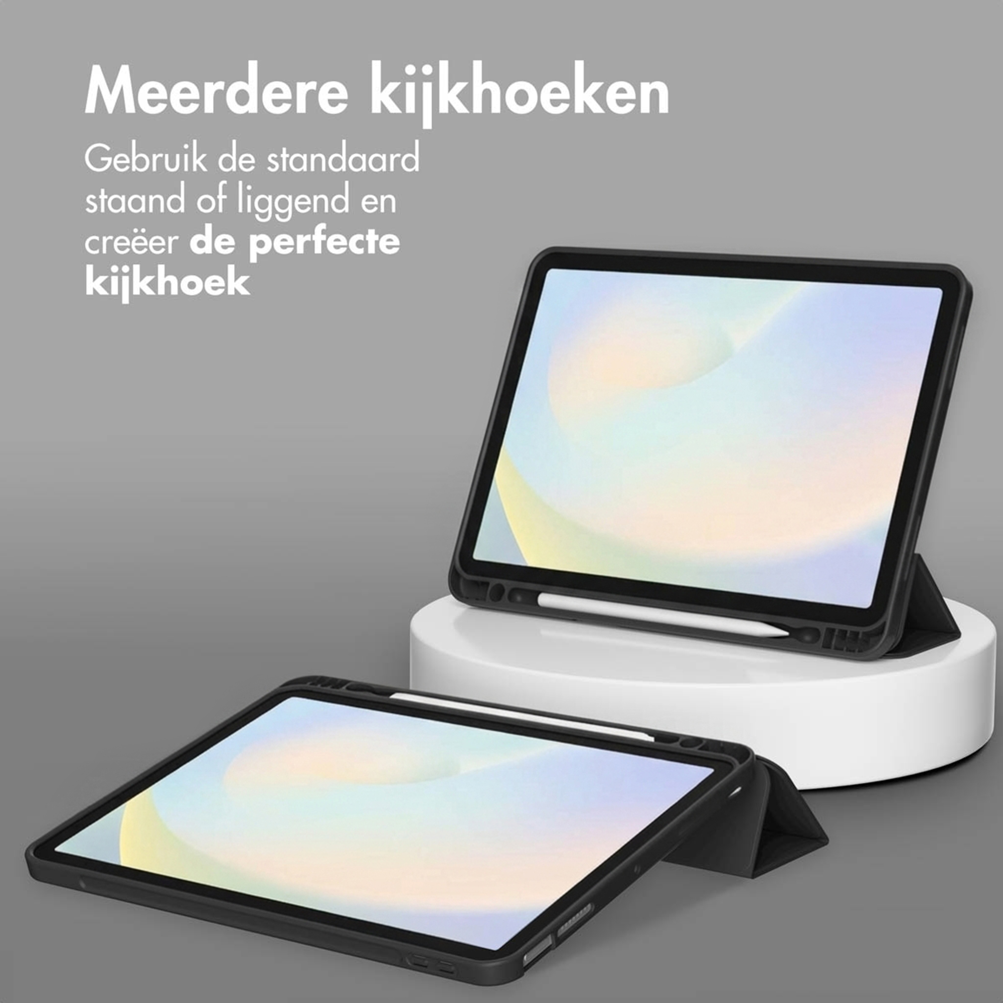Two tablets in protective cases on a gray background, one standing upright.