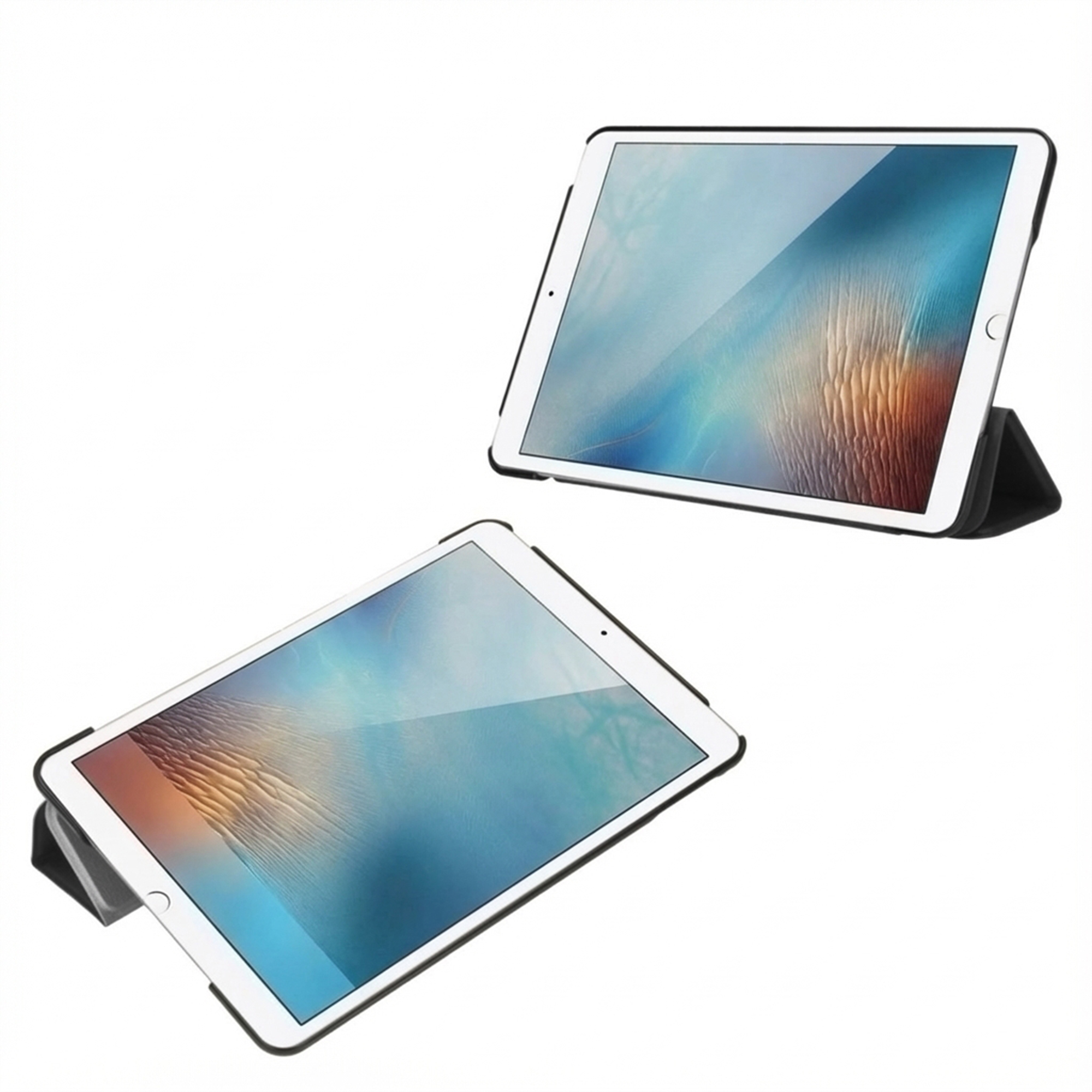 Two white tablets with black cases, standing on a white background.