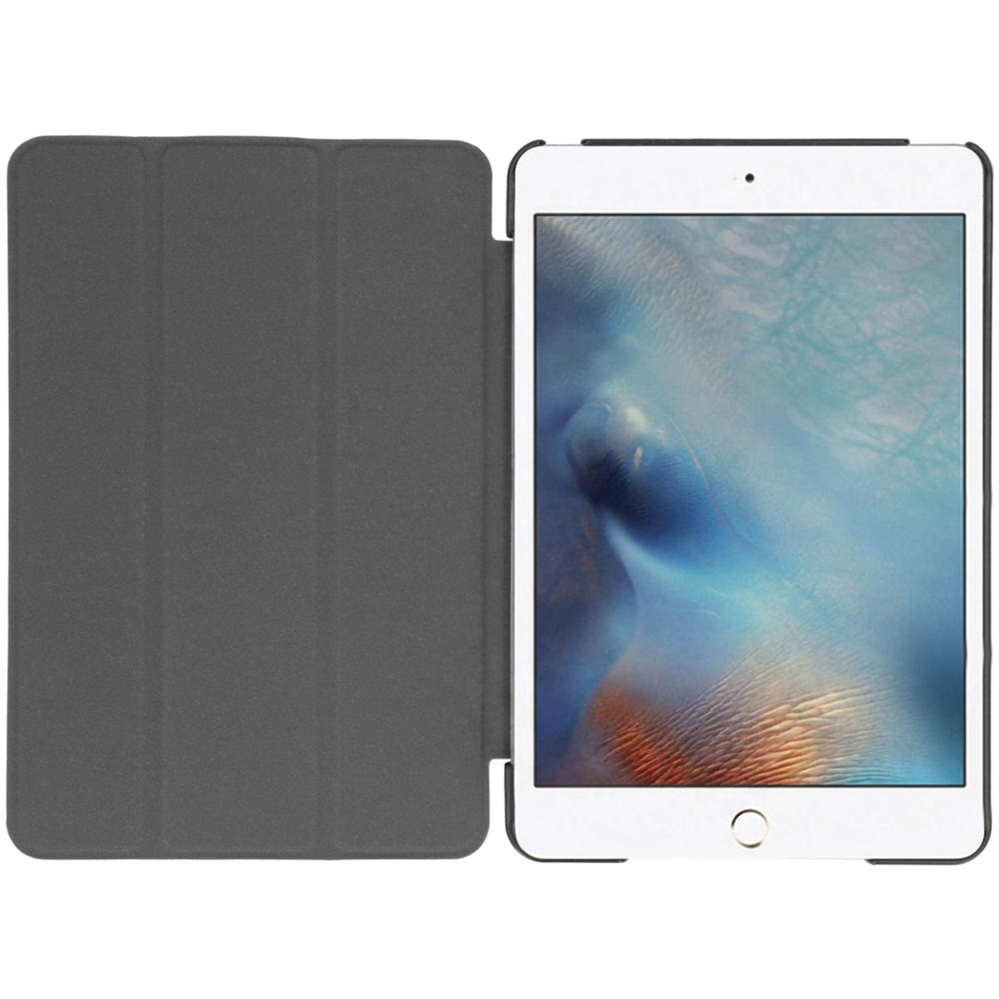 Gray tablet with open protective cover and blue wallpaper.