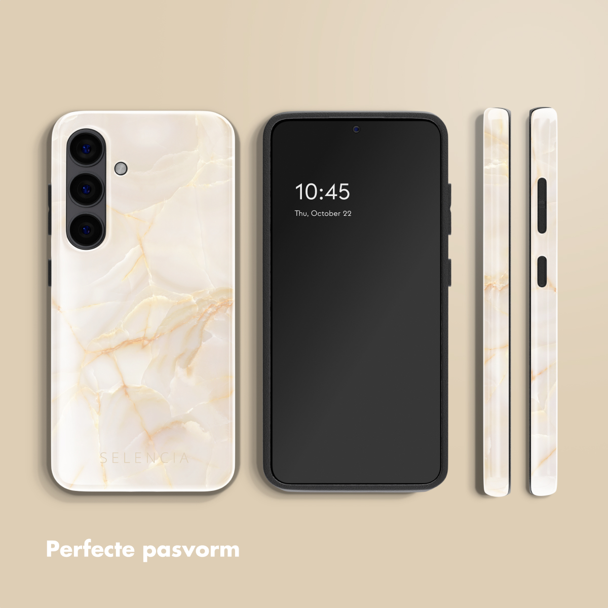 Una cover per telefono con motivo marmorizzato e un telefono che mostra le 10:45.