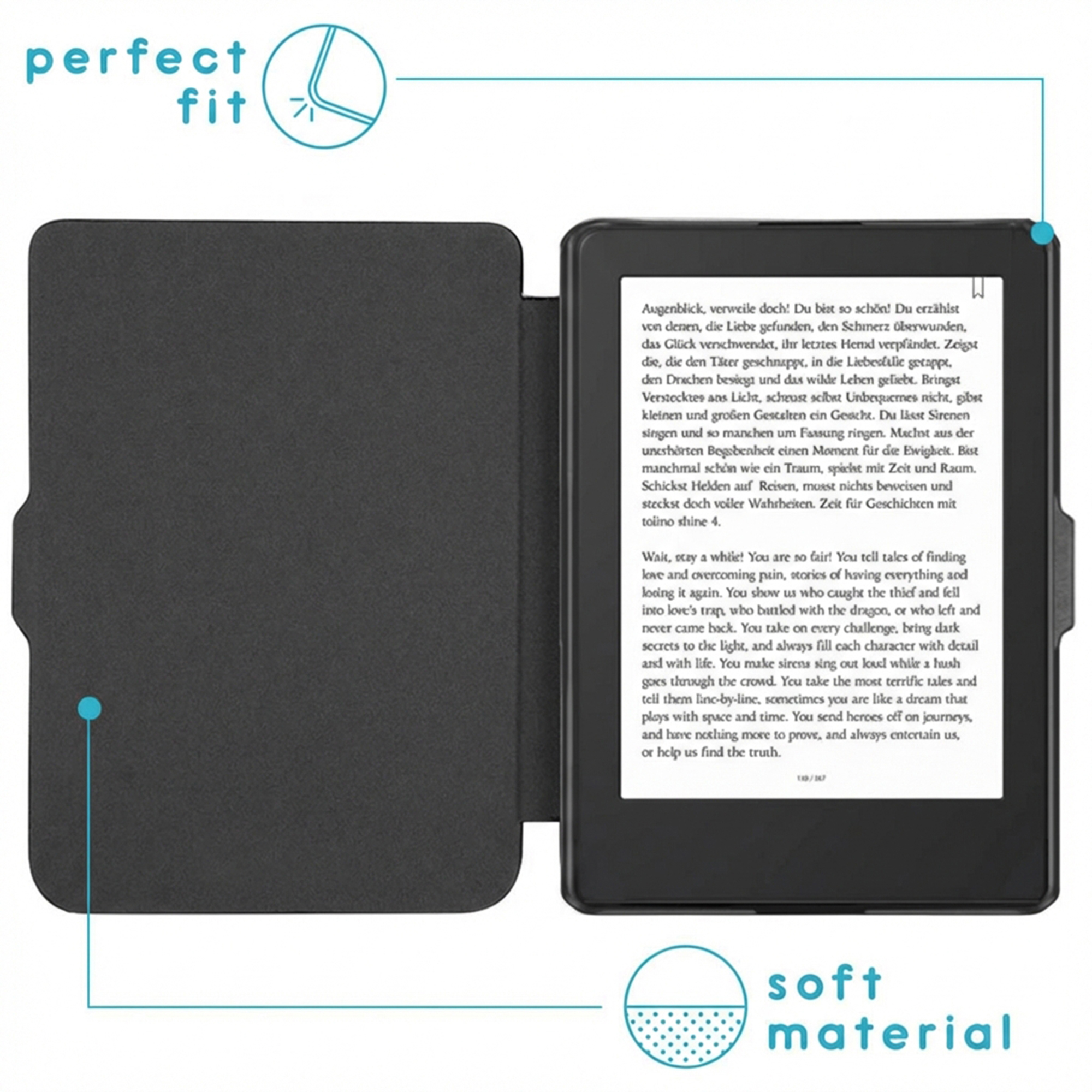 Een zwarte e-reader ligt open in een hoes. Tekst is zichtbaar op het scherm.