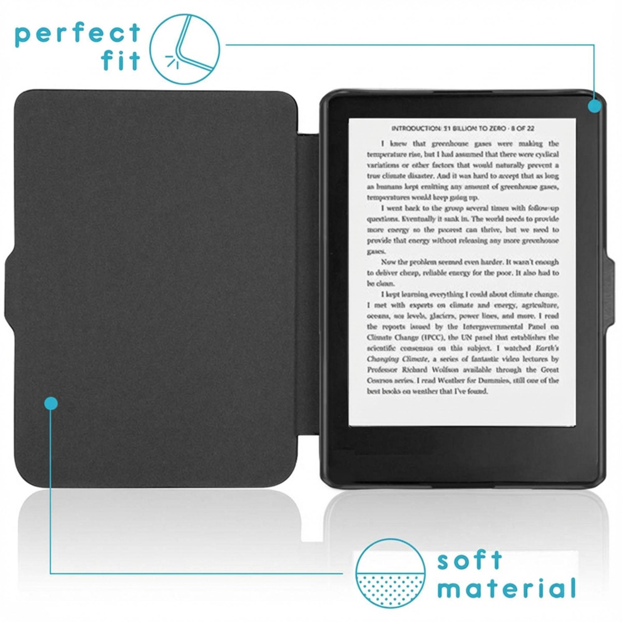 Een zwarte e-reader met ernaast een open boekhoes.