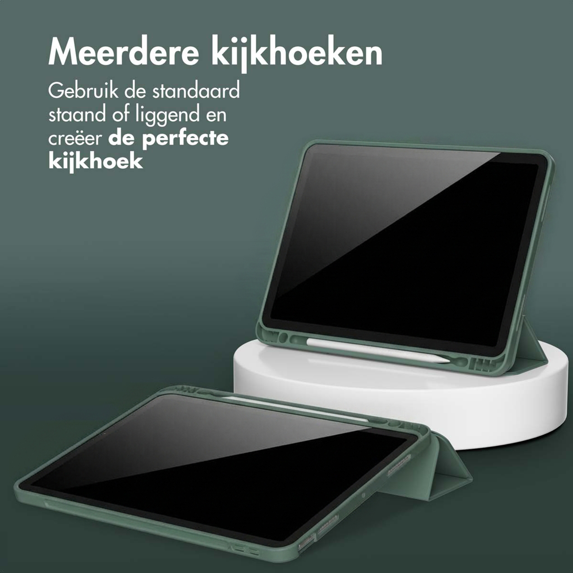 Two green tablet cases with iPads. One stands upright, the other lies flat.