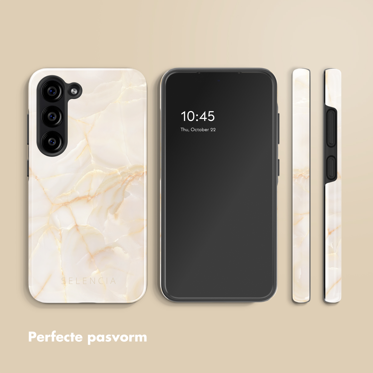 Un telefono con cover effetto marmo, con viste della cover accanto.