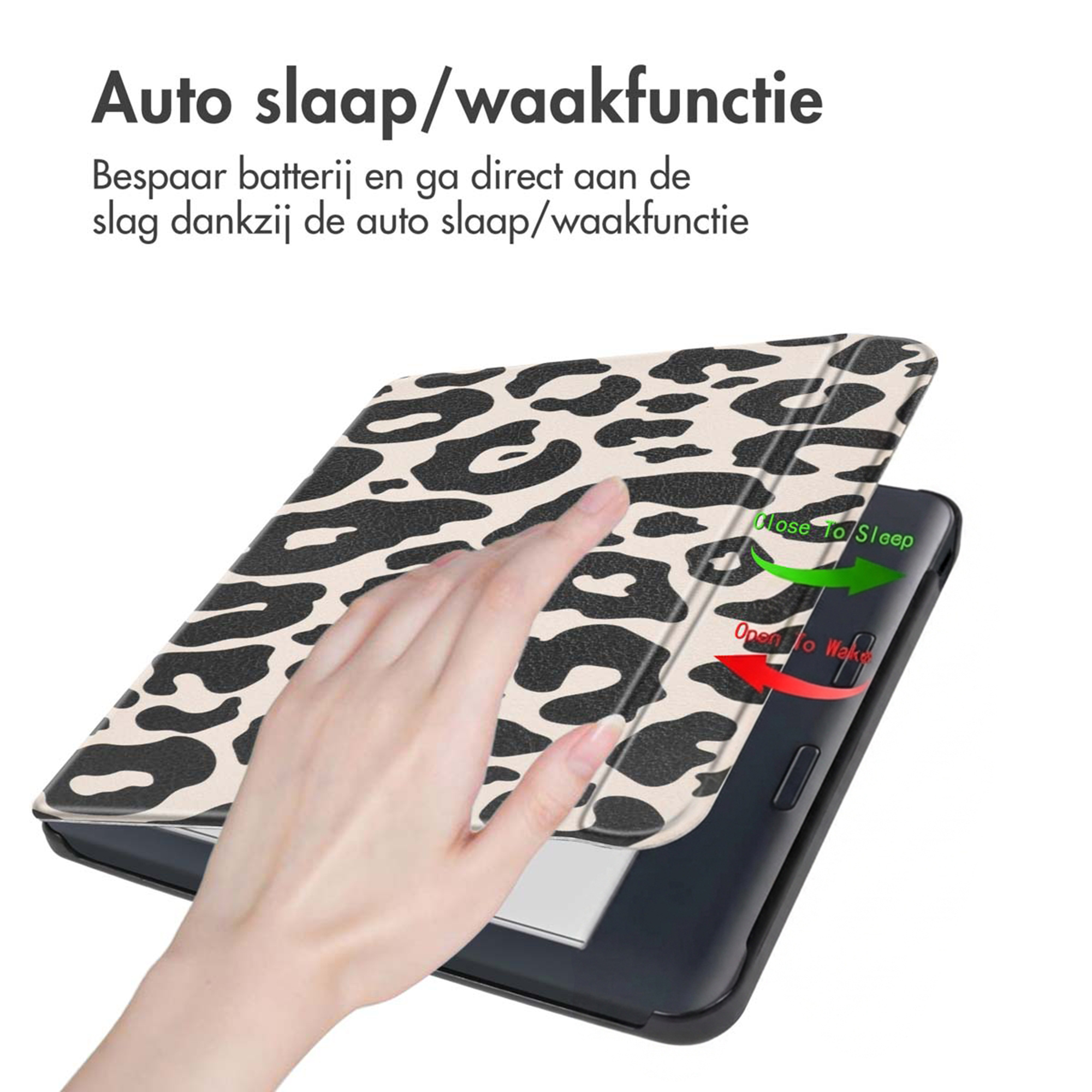 Leopard print tablet case with arrows indicating 'Close To Sleep'.