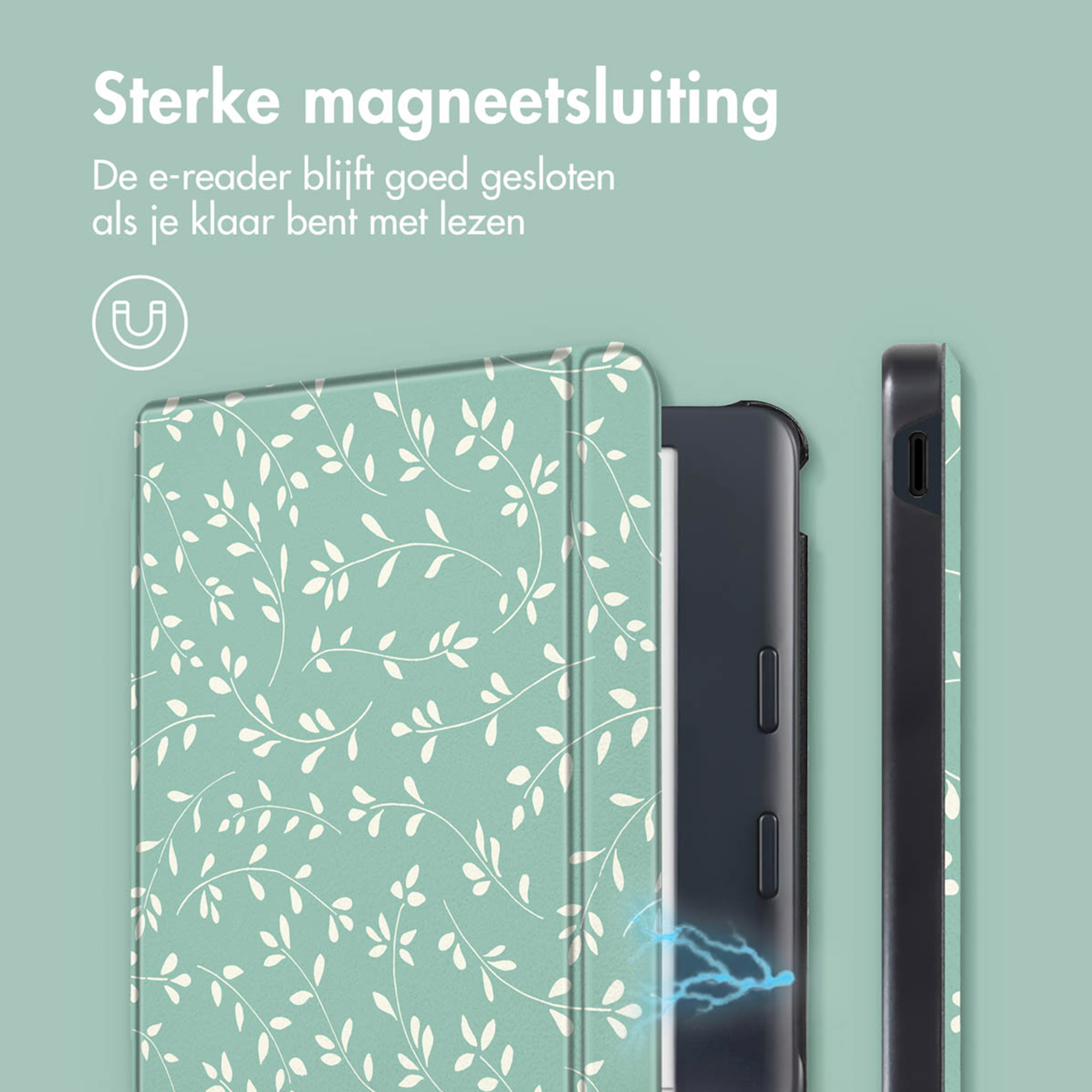 Couverture verte pour liseuse avec motif de feuilles blanches et fermeture magnétique.